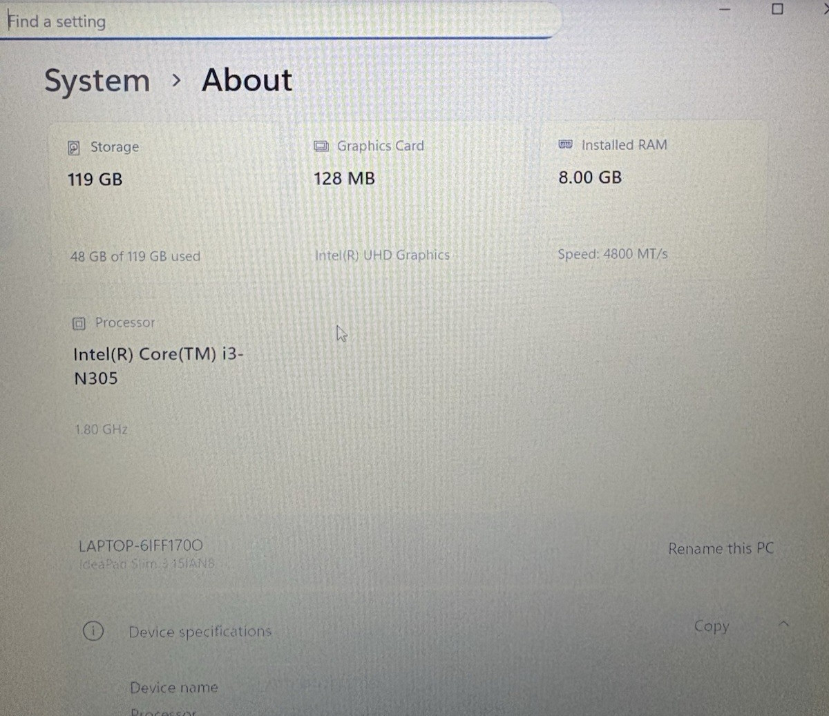 Lenovo Ideapad Slim 3 (15IAN8) 15.6 Screen 8GB RAM I3-N305 128GB SSD Gray Laptop