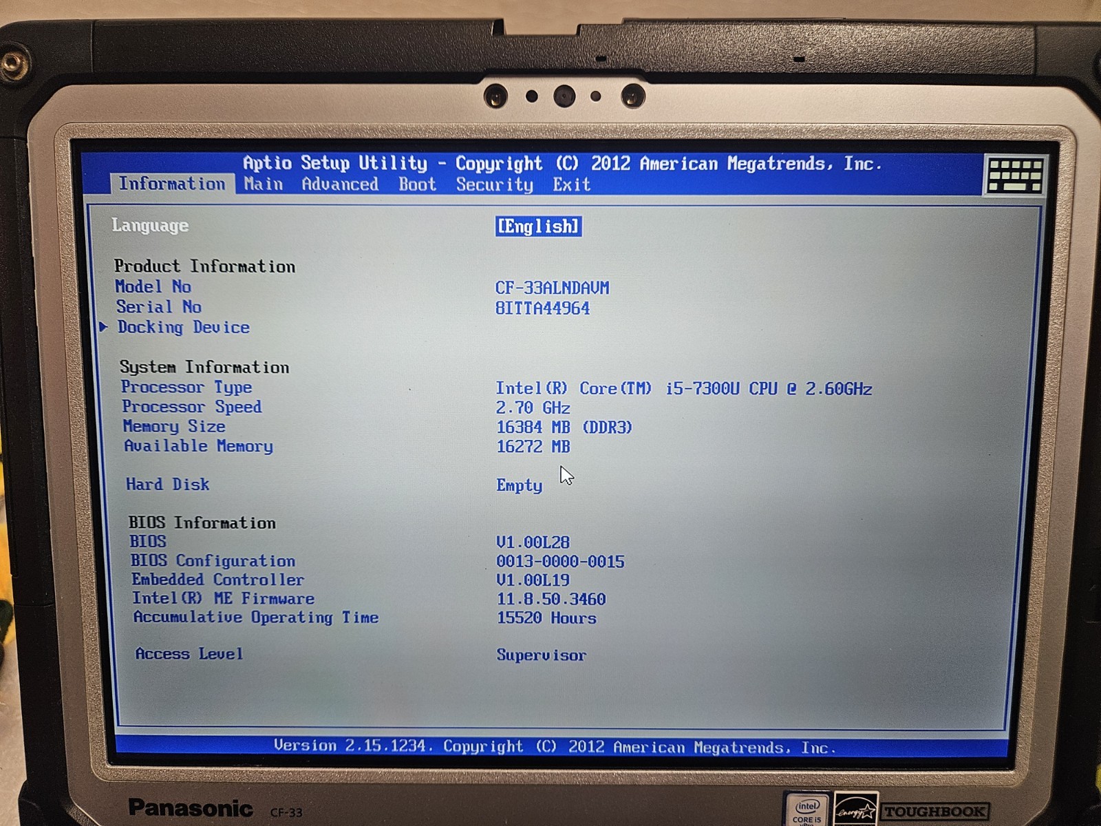 Panasonic Toughbook CF33 Intel I5 7600U 16GB RAM Win11 Pro, No SSD, 0% Batt Life
