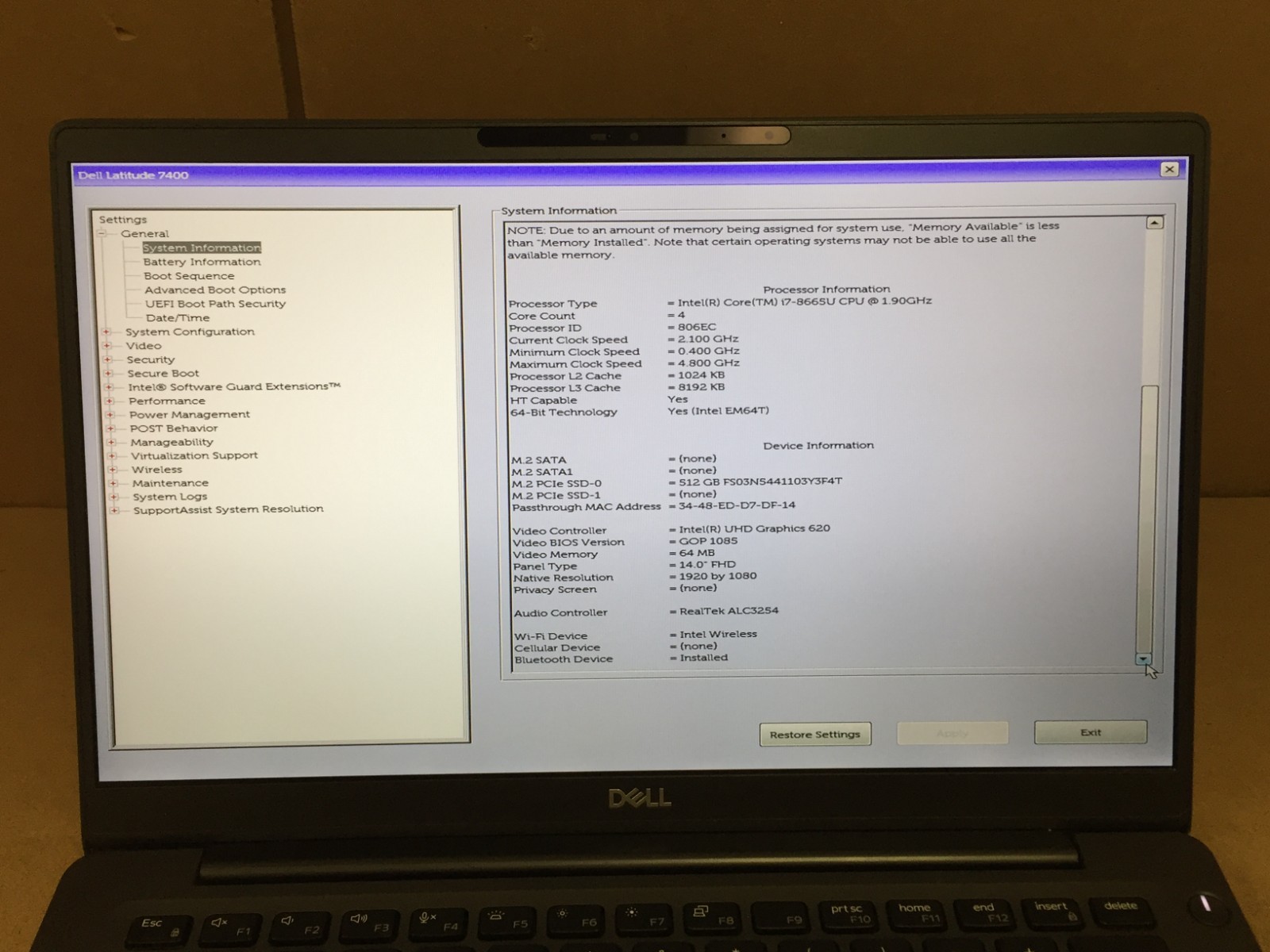 Dell Latitude 7400 14″ FHD Laptop Core i7-8665U 8GB RAM 512GB SSD w/AC Adapter