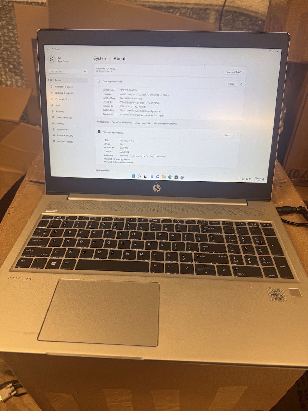 HP ProBook 450,G7, i5, 250gB SSD, 8gb Ram, 10th gen, win 11 pro 15.6′