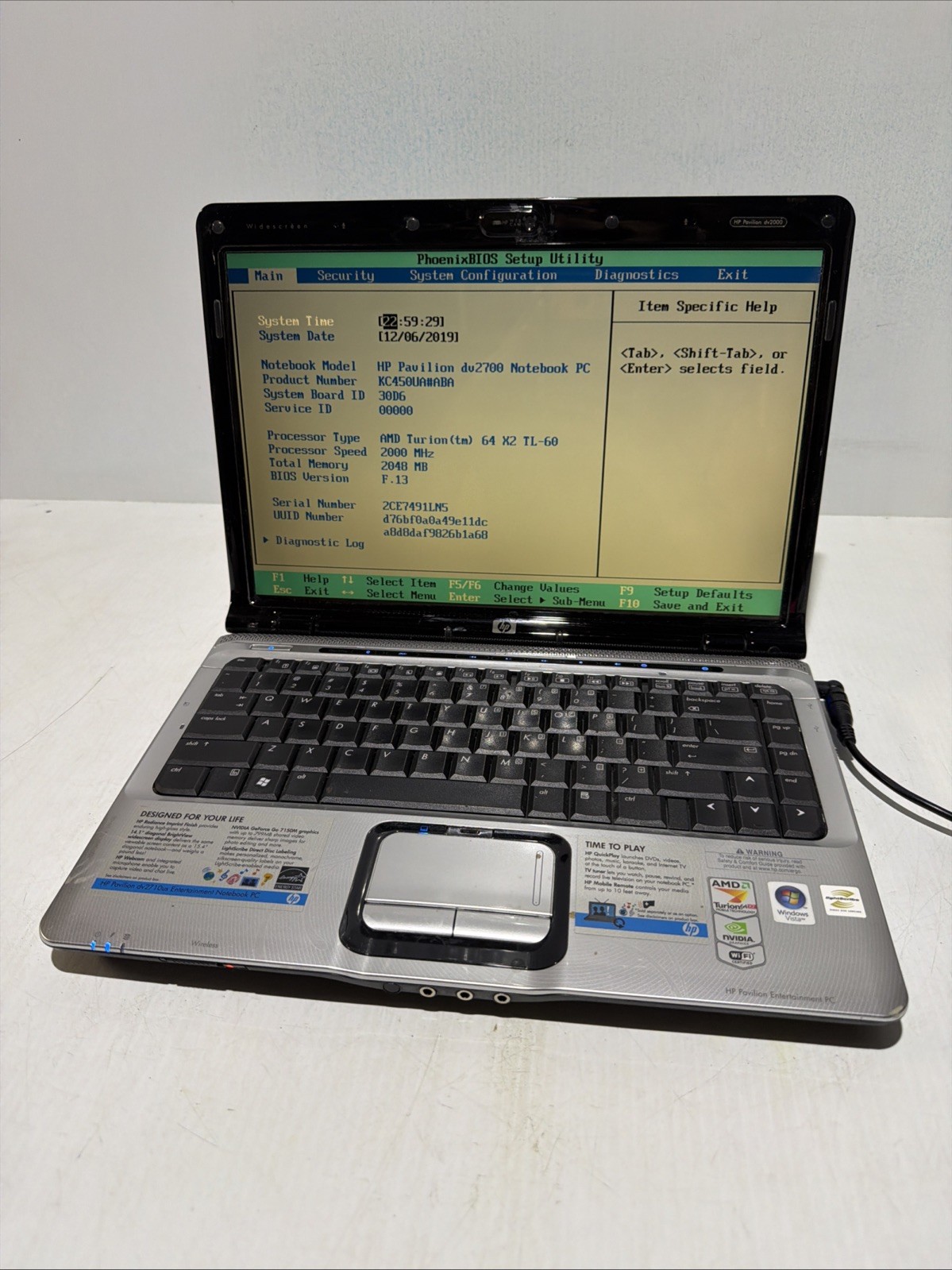 Hp Pavilion dv2700 14″ Laptop AMD Turion 64 X2 2gb Ram NO Drives Boots Bios
