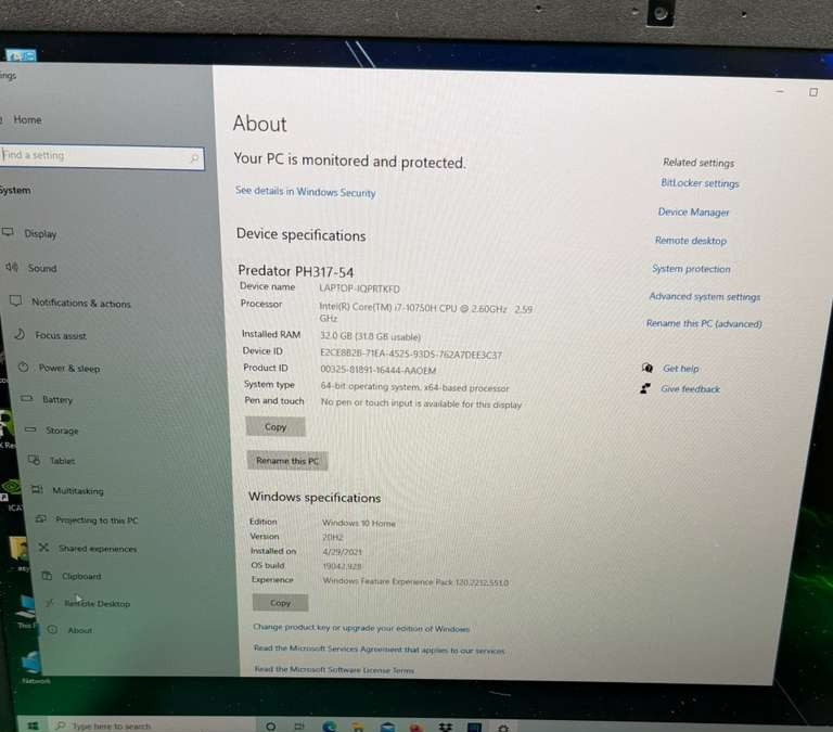 Acer Predator Helios PH317-54 Gaming i7-10750H 2.60GHz 32GB RAM 1TB SSD RTX 2070