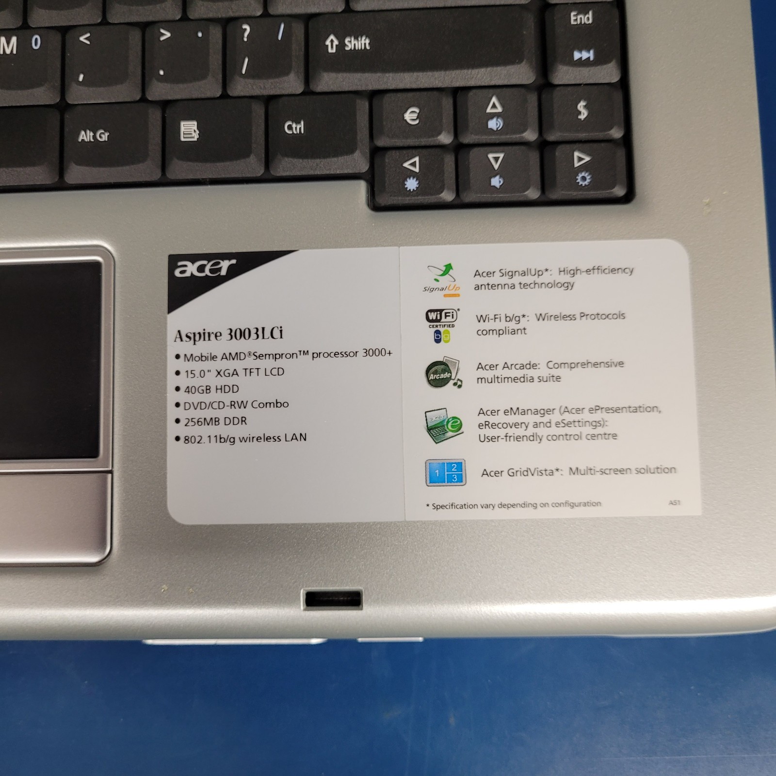 Acer Aspire 3003 LCi Laptop / AMD Sempron 3000 CPU / 640 KB RAM / NO HDD