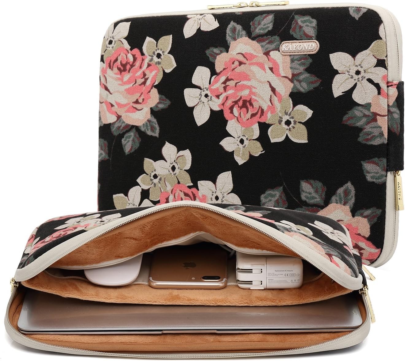 17 Inch Water-Resistant Laptop Sleeve in Black Rose Pattern Canvas by Kayond