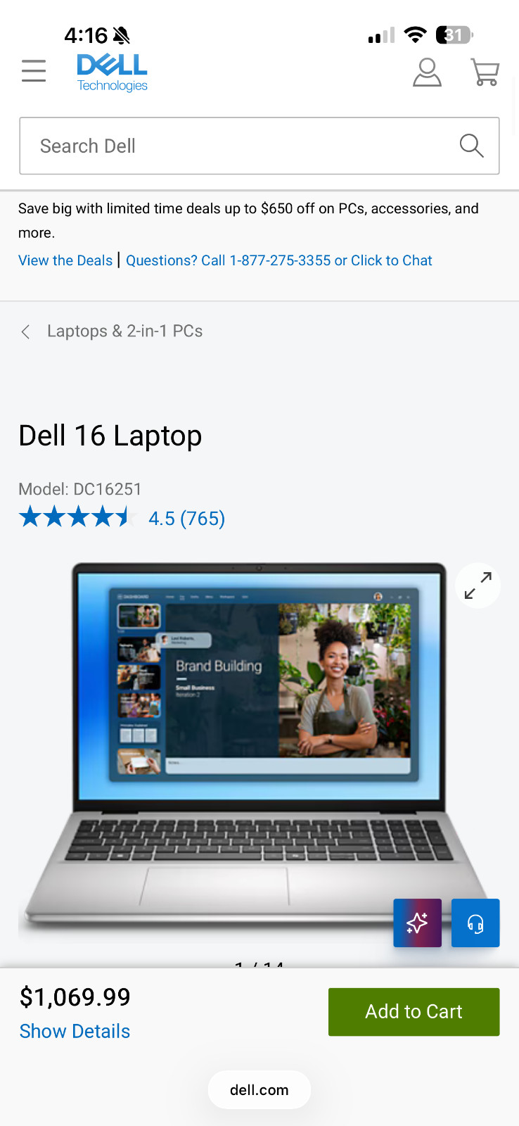 Dell 16 Intel(R) Core 7-150U, 10 Core, 16GB ram, Touchscreen
