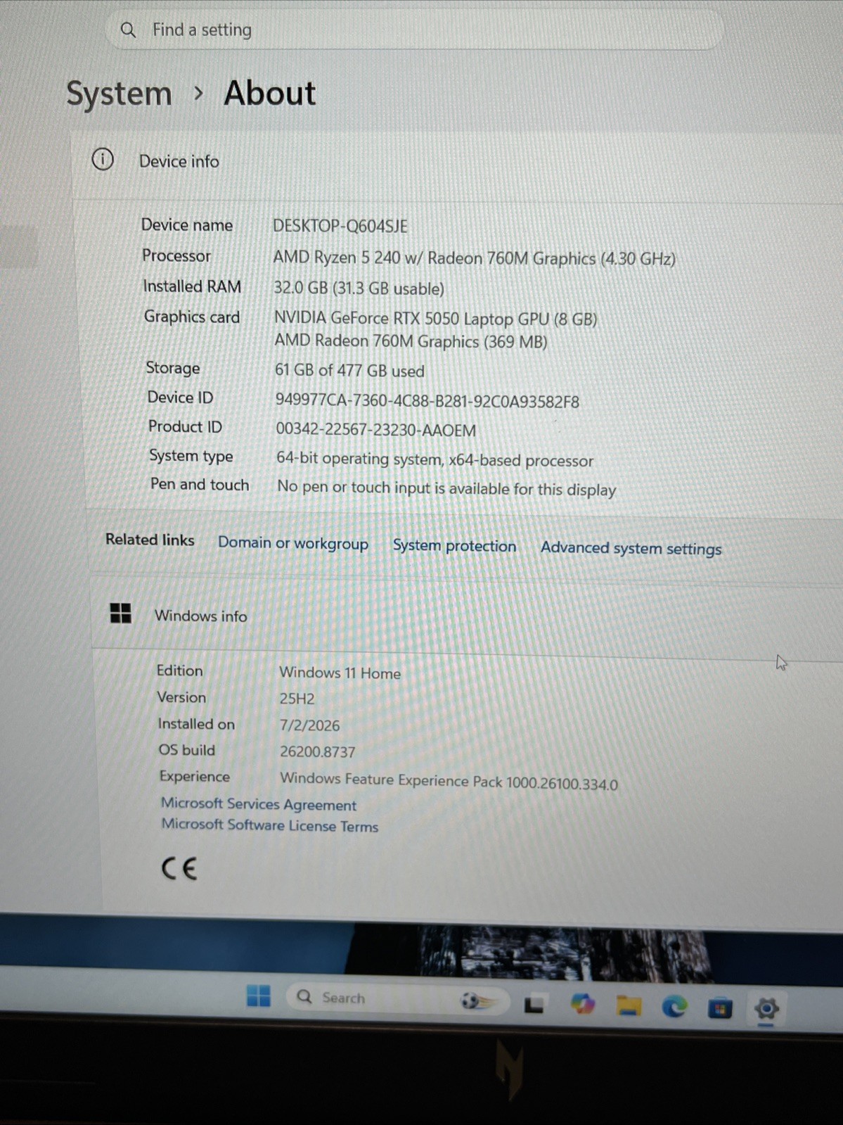 Acer Nitro V 16 AI 16″, Ryzen 5 240, RTX 5050, 32GB RAM, 512GB SSD ANV16-42-R1SF
