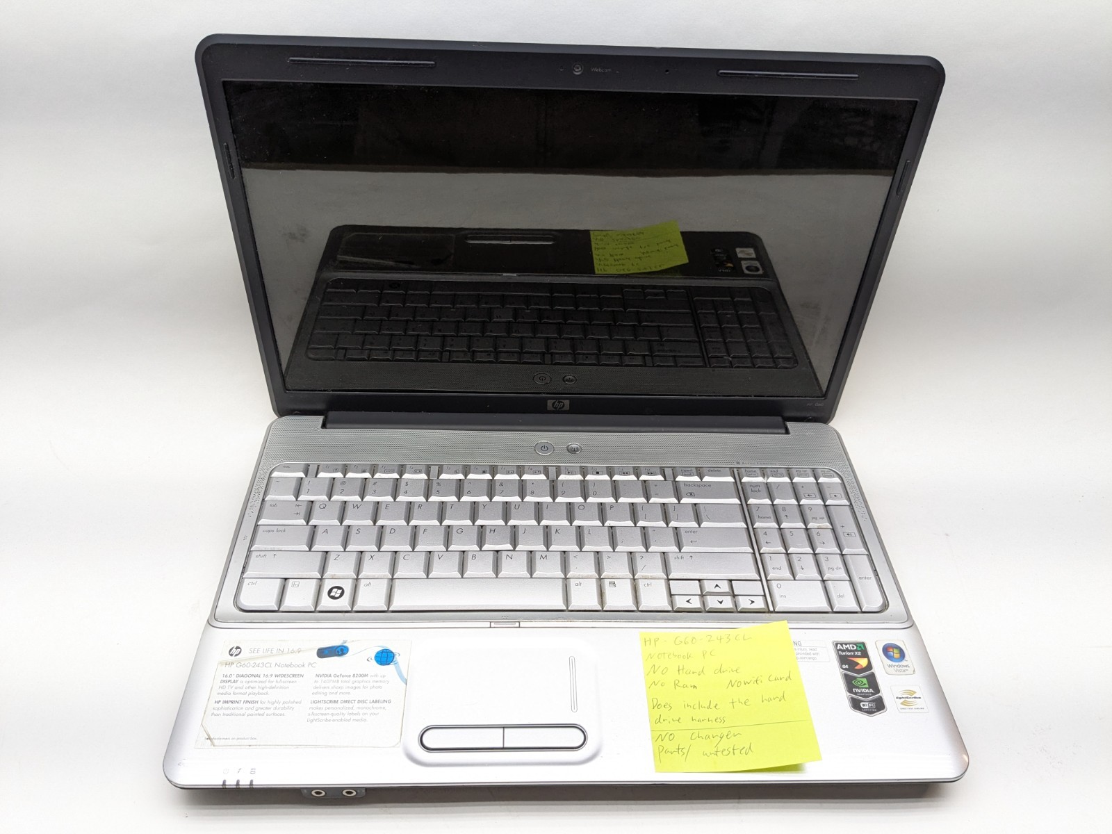HP g60-243cl Notebook Pc Laptop SILVER For Parts 16″ Diagonal