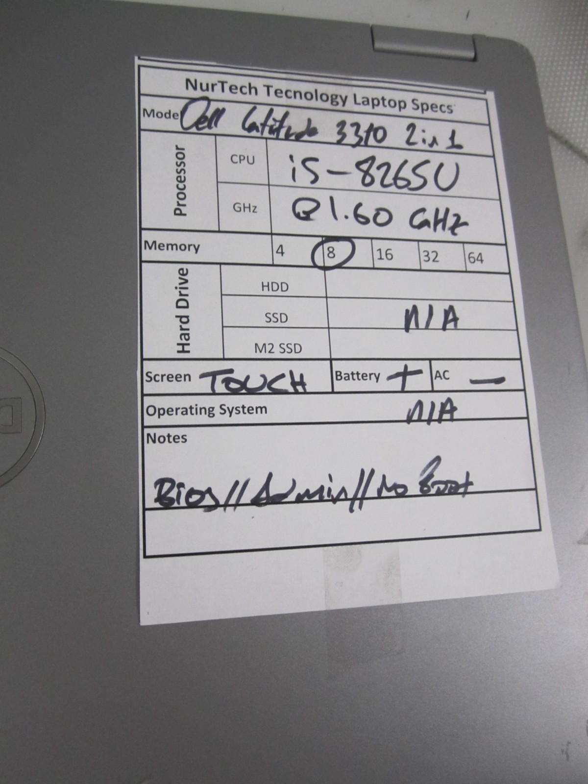 Dell 3310 2 in 1 I5-8265U 1.60GHZ 8GB NO HDD/AC/OS LAPTOP BIOS READ++