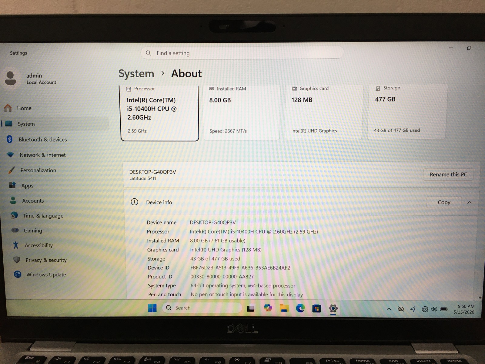 Dell Latitude 5411 14″ Intel i5-10400H 8GB 512GB SSD Win 11 Pro – LP47A