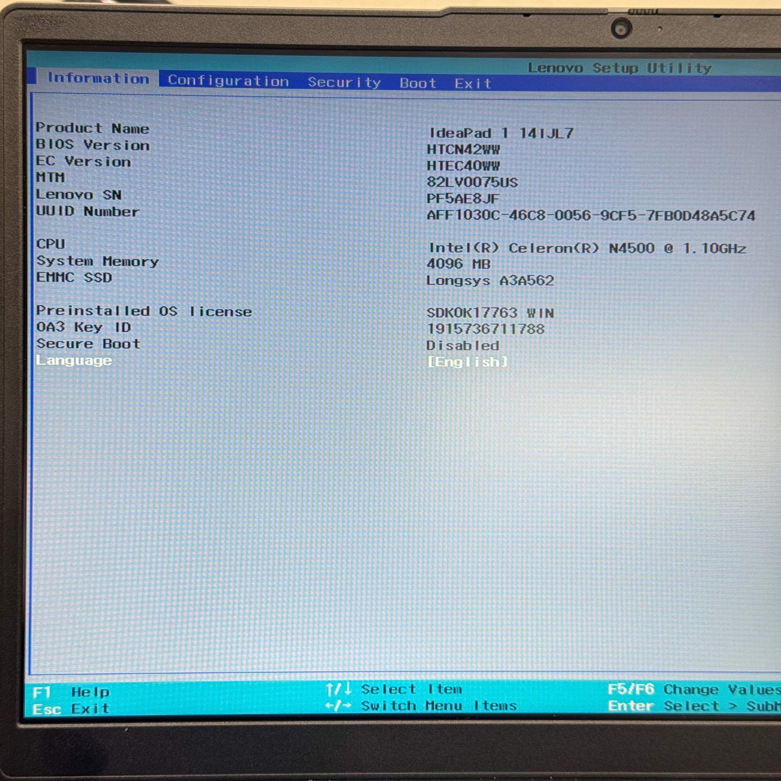 Lenovo Ideapad 1 Laptop Intel Celeron N4500 4GB 128GB Silver READ