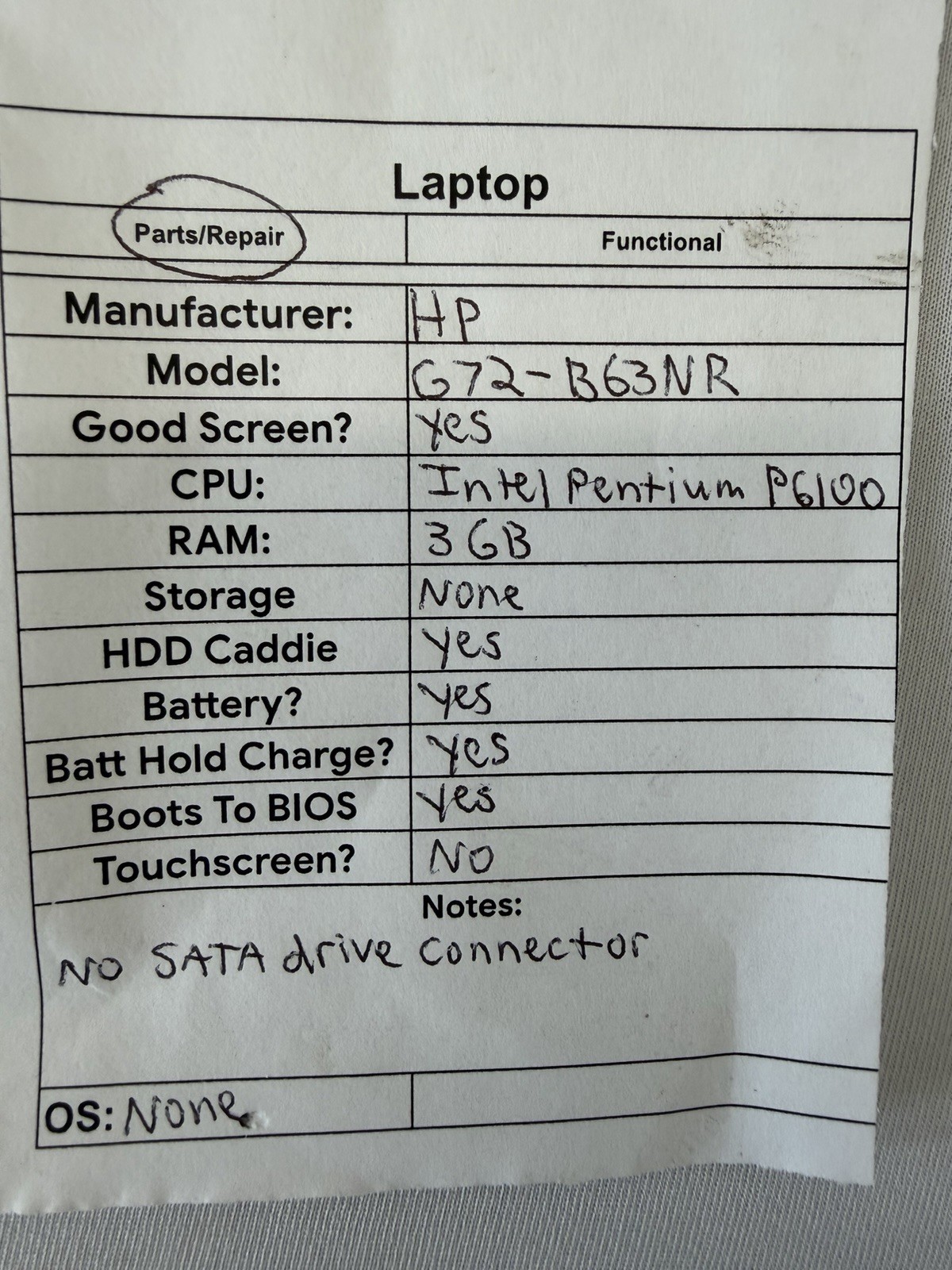 HP G72-B63NR Laptop – Good Screen – Intel Pentium P6100 – Read Des
