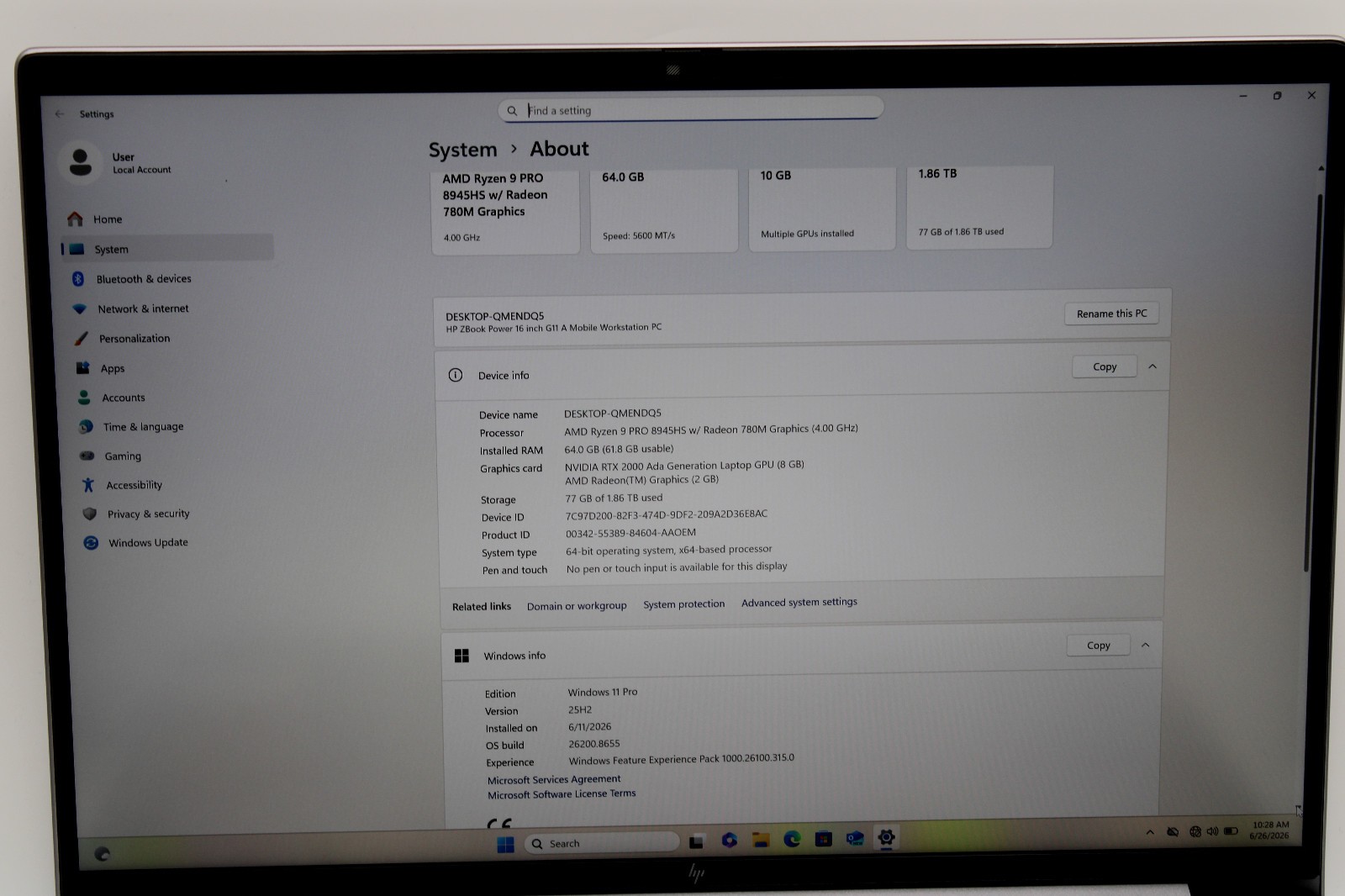 HP ZBook Power G11 Ryzen 9 Pro 8945HS 2TB SSD 64GB DDR5 RTX2000 W11P *WTY 2027