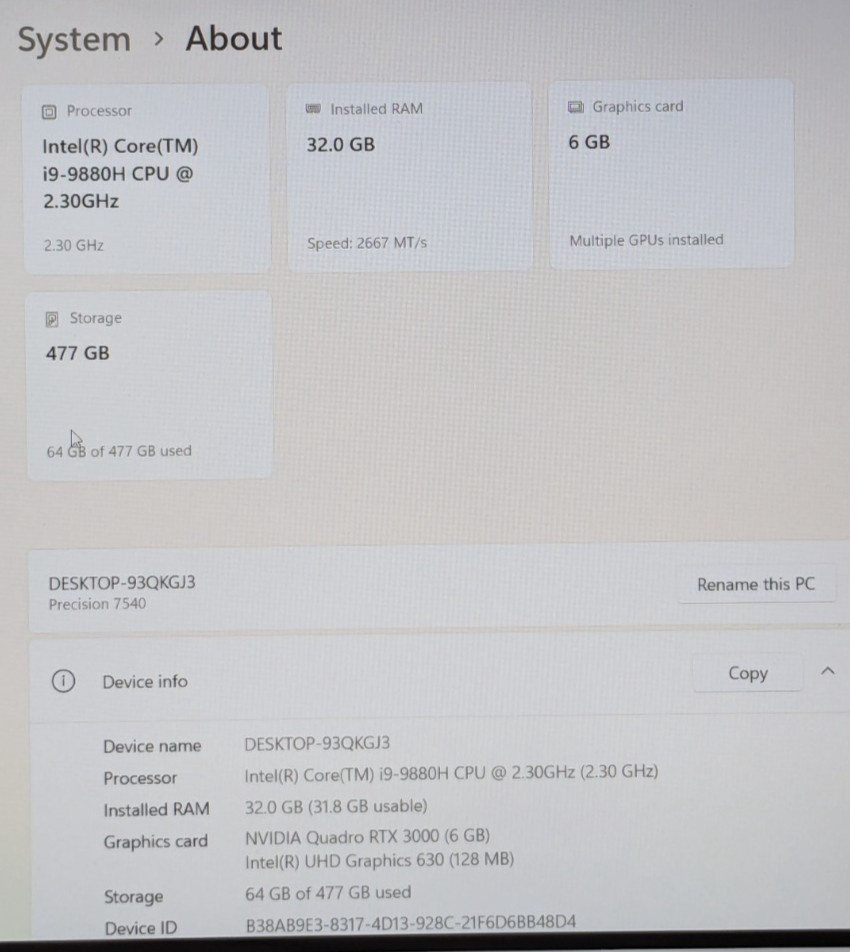 Dell Precision 7540 15.6″ i9-9880H 2.30GHz 32GB 512GB SSD W11P RTX 3000 GS1SW33