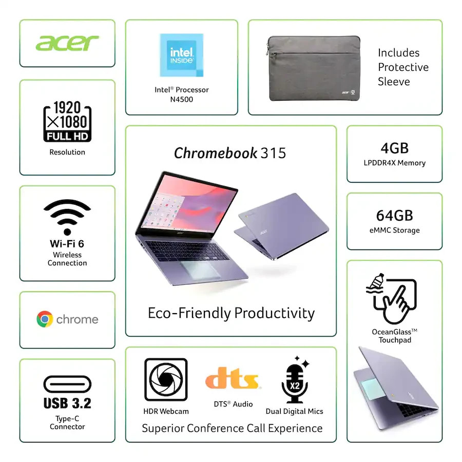 Acer 15.6″ FHD Chromebook 315 Intel N4500 64GB eMMC 4GB Laptop w/ Sleeve Purple