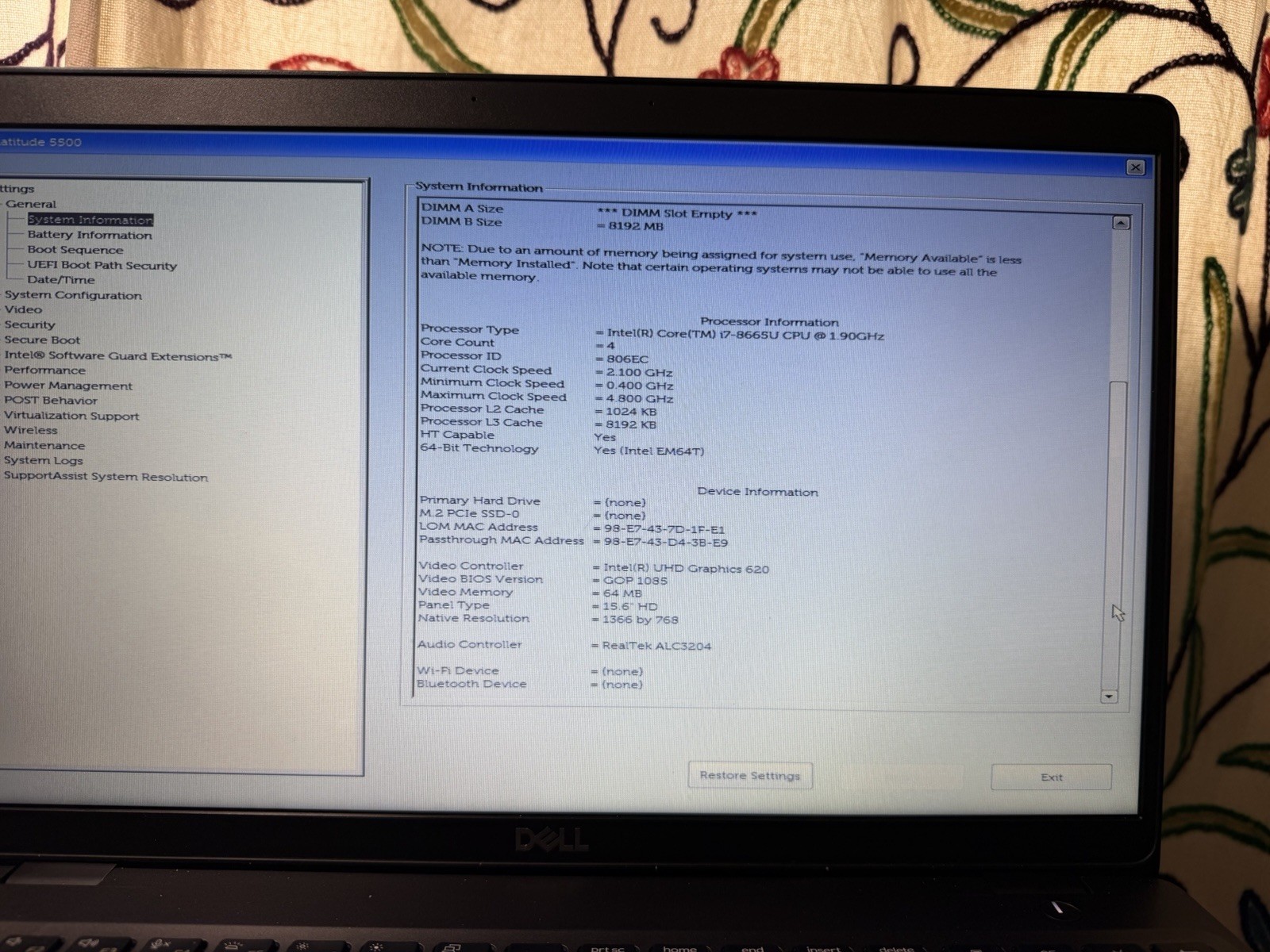 Dell Latitude 5500 15″Laptop – i7-8665U,8 GB RAM , NO SSD )excellent 🔋