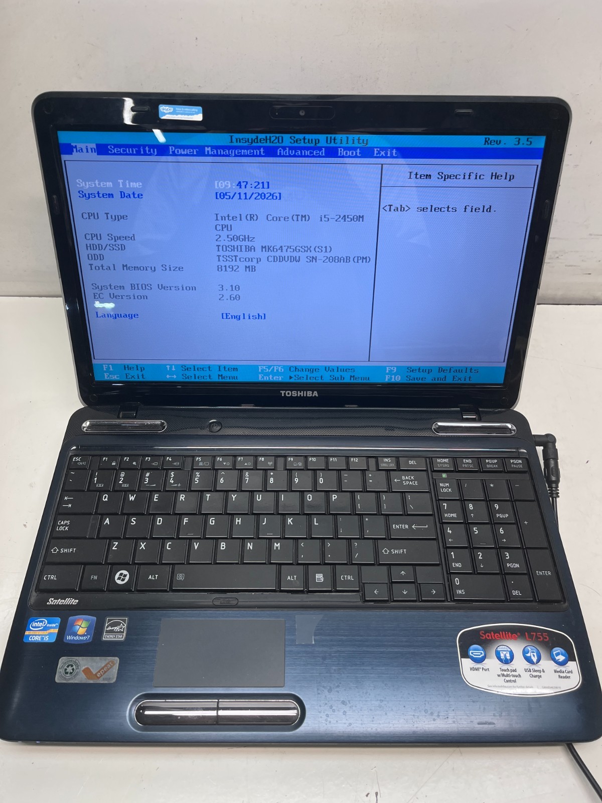 Toshiba Satellite L755-S5175 Intel Core i5-2450M 2.50GHz 8GB NO HDD