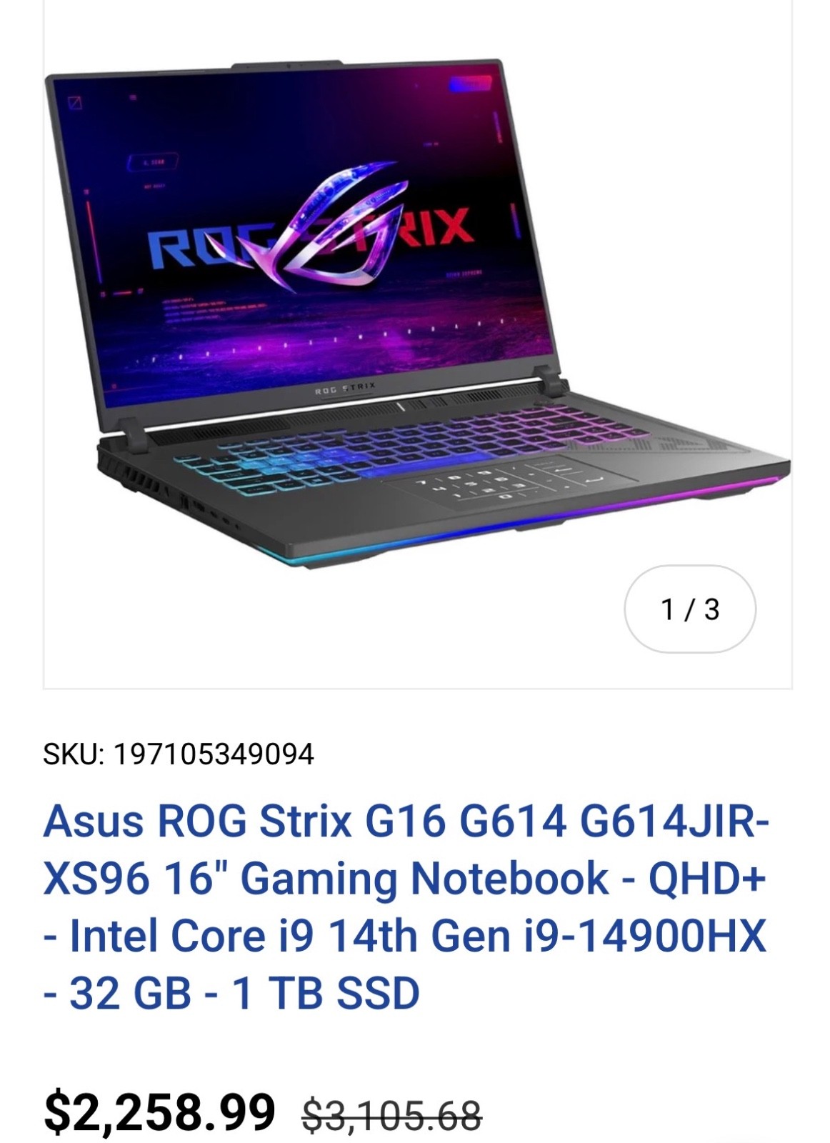 ASUS ROG Strix G16 16” (1TB SSD Intel Core i9-13980HX 2.2GHz 32GB RAM)…