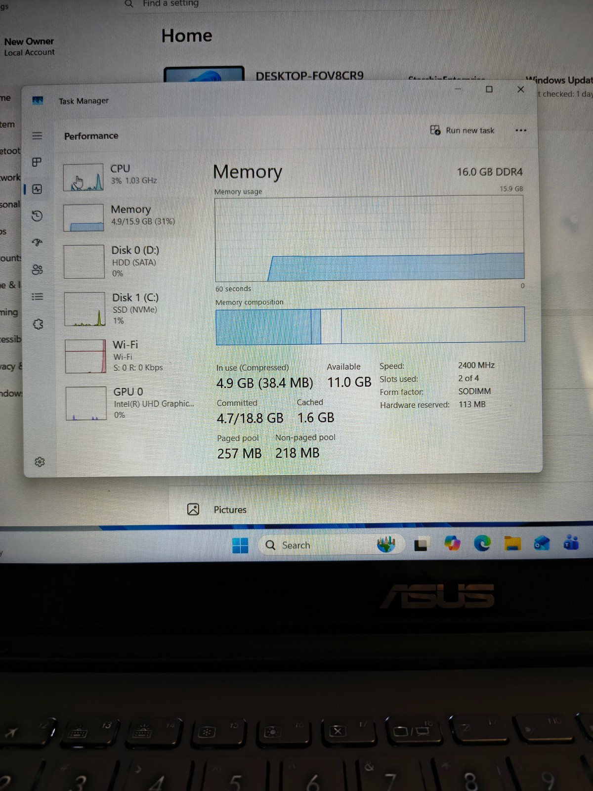 ASUS 15.6″ Q505U TS BKLT Laptop Core i5-8250 16GB 250GB NVMe SSD+1TB HD Wn11Hm