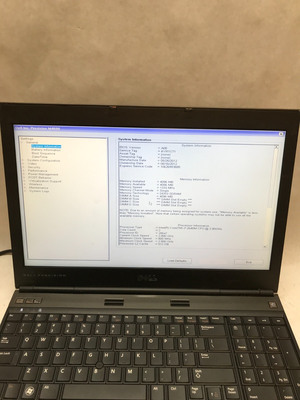Dell Precision M4600 15″ Laptop i7-2640M 2.8GHz 4GB RAM NO HDD/OS AMD FirePro DW