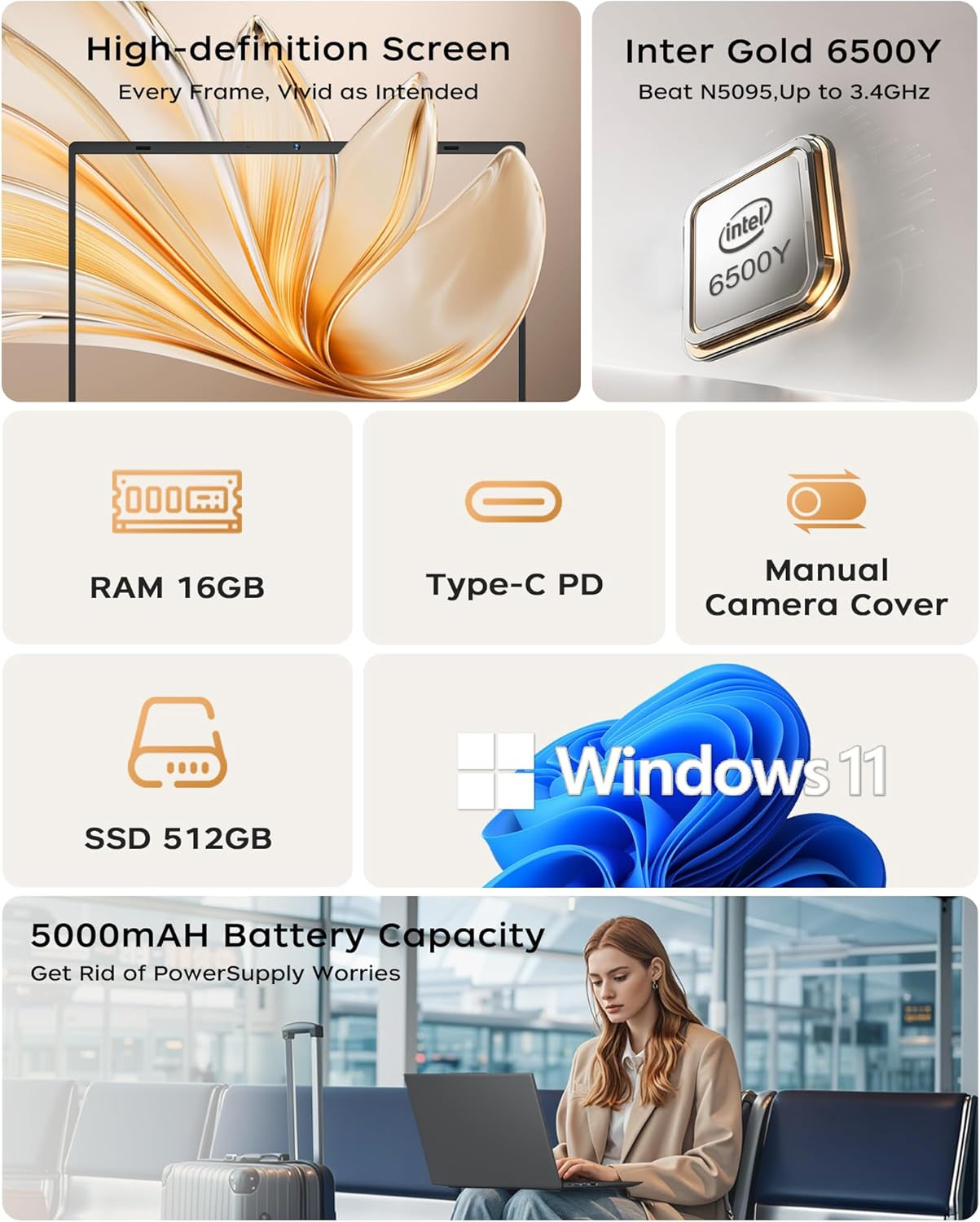 15.6″ Laptop Computer, Laptop with 16GB RAM 512B SSD, Gold 6500Y (Up to 3.4Ghz),