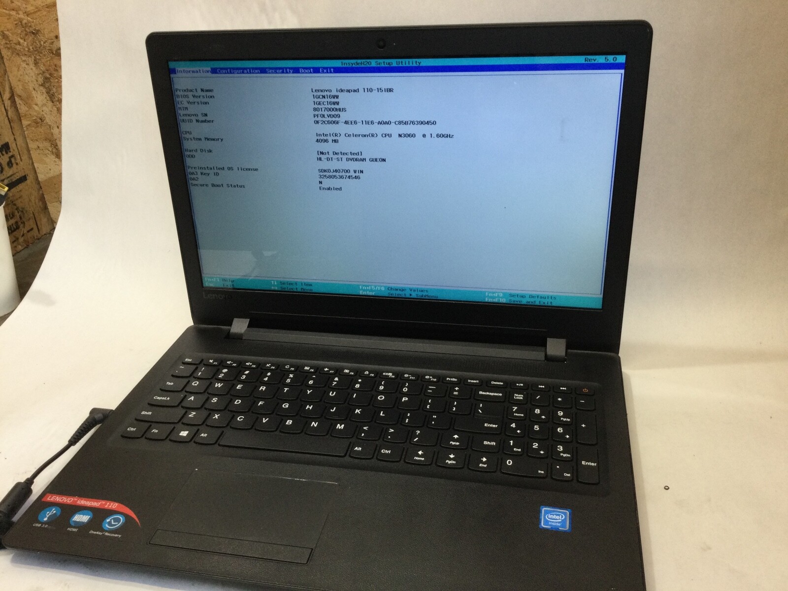 LENOVO IDEAPAD 110-15IBR – BOOTS TO BIOS – CELERON N3060 – 4GB RAM -READ DESC-BB