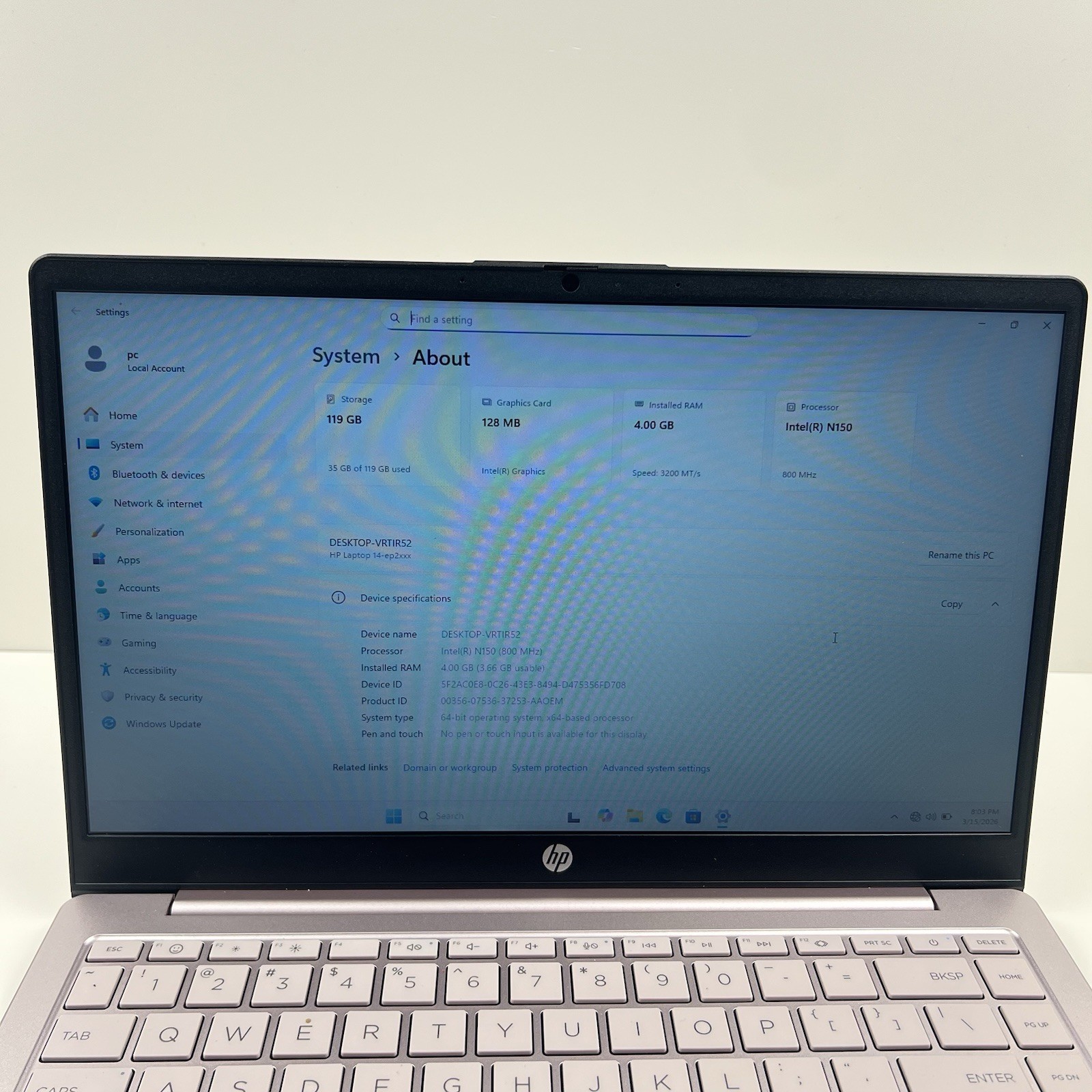 HP 14-EP2011WM 128GB SSD 4GB RAM 128MB Intel Graphics N150 @ 0.8GHz Windows 11