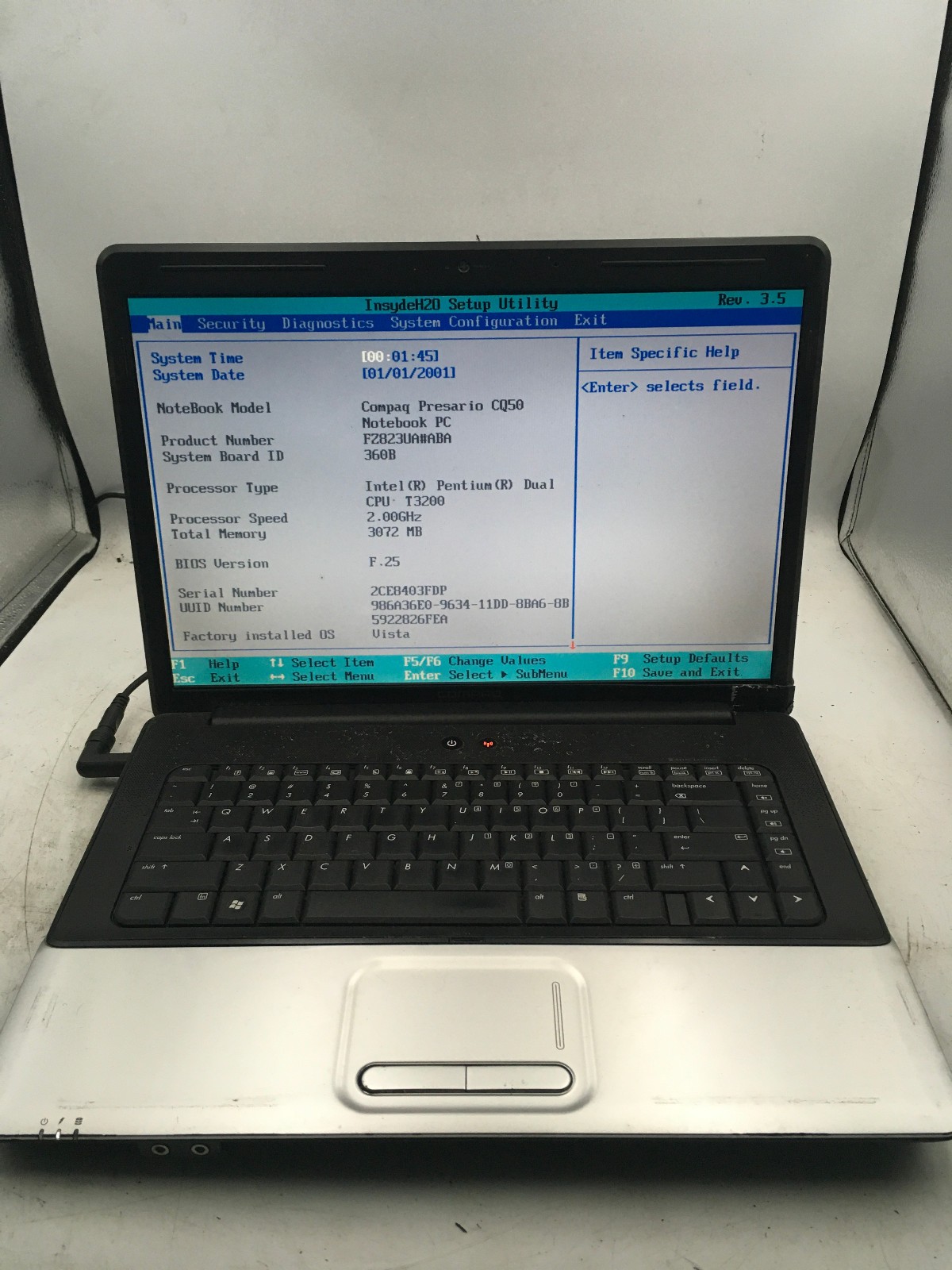 HP COMPAQ PRESARIO CQ50 – BOOTS TO BIOS – INTEL PENTIUM T3200 – 3GB RAM -READ-BB