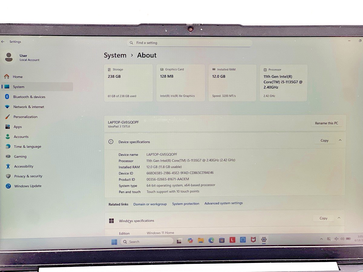 LENOVO IDEAPAD 3 I5-15ITL6 Laptop(12.GB Ram/238GB SSD/INTEL CORE I5- (EL1131170)