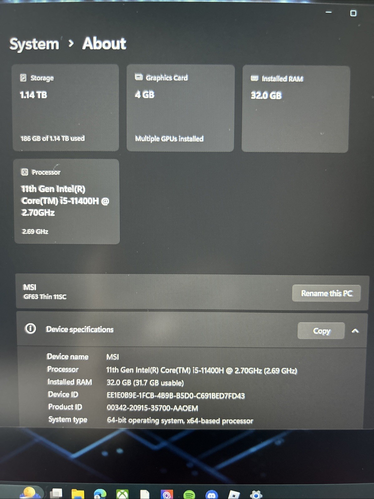 MSI GF63 Thin Laptop 15.6” Display, 1tb ssd and 32 gb of ram