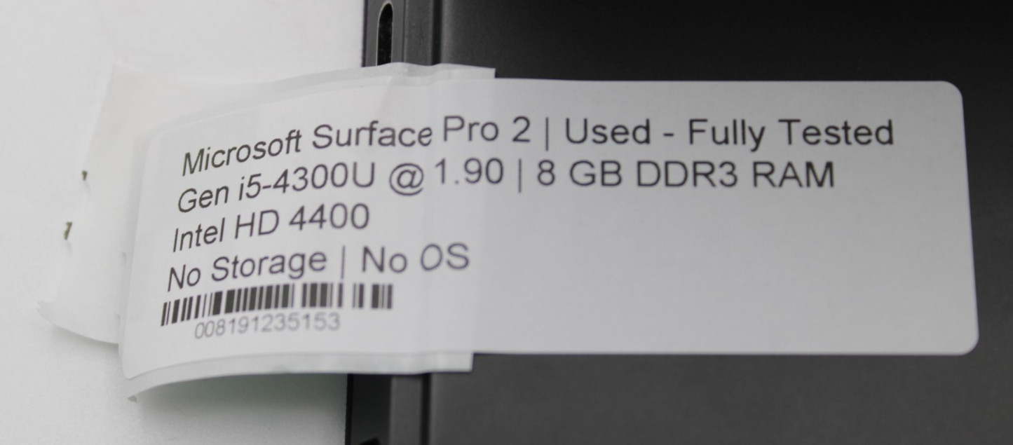 Microsoft Surface Pro 2 i5-4300U@1.9GHz 8GB DDR3 NO STORAGE/OS *USED/TESTED*