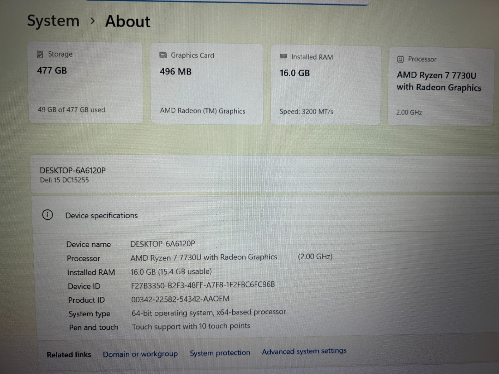 DELL 15 DC15255 G8MK9, AMD Ryzen 7 7730U, 2.00 GHz, 16 GB RAM, 512 GB NVMe SSD