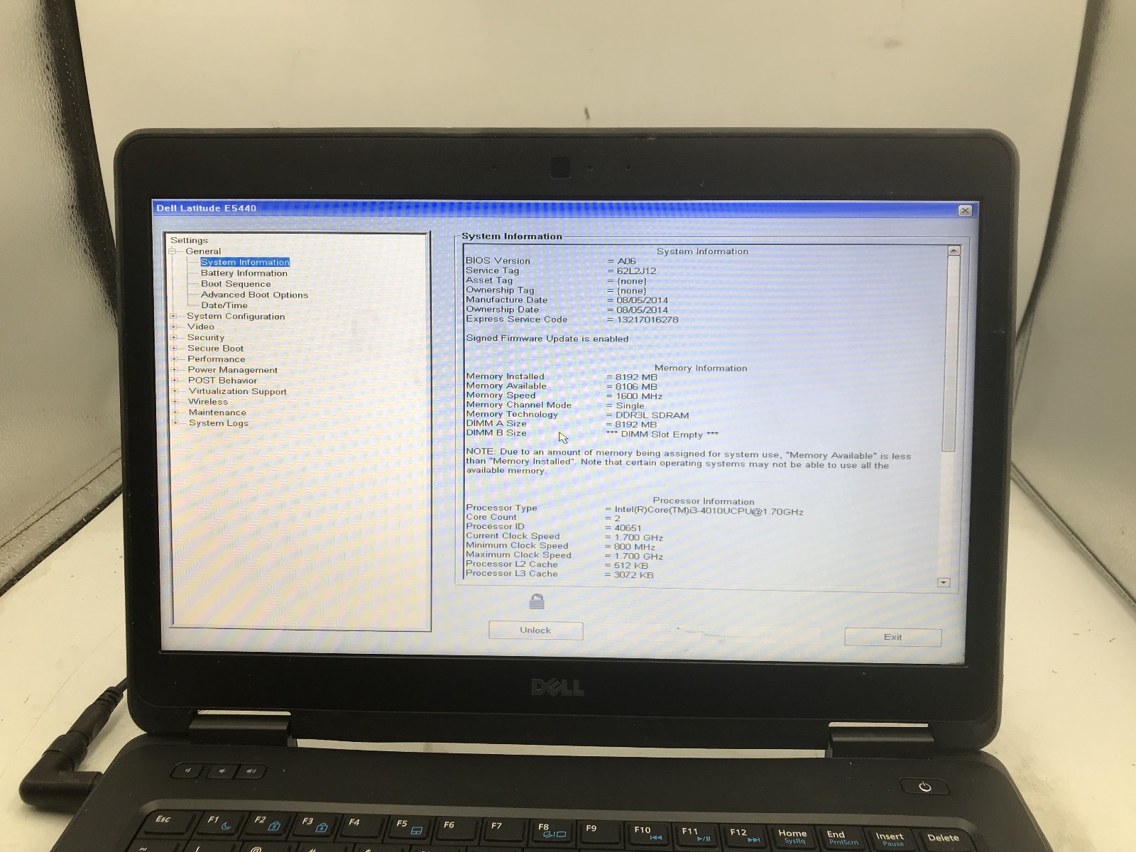 DELL LATITUDE E5440 – BOOTS TO BIOS/LOCKED – INTEL I3 4010U – NO RAM – READ – BB