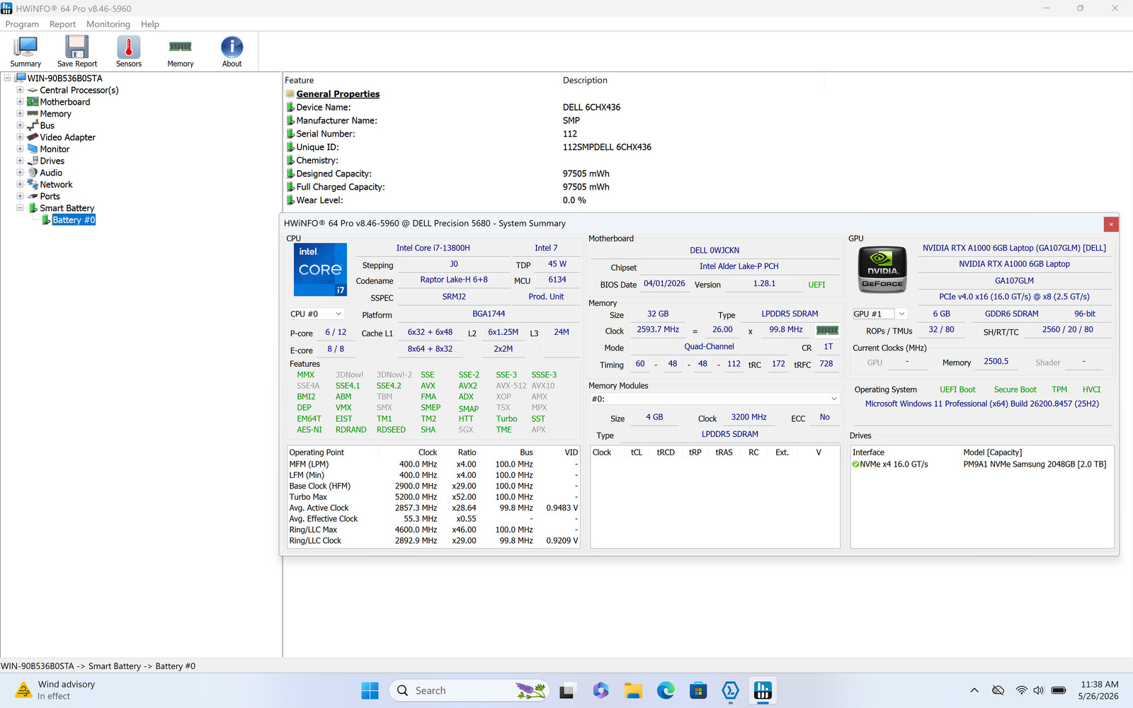 Dell Precision 5680 16in 4K UHD+ Touch i7-13800H 32GB 2TB RTX A1000 Win11 Pro