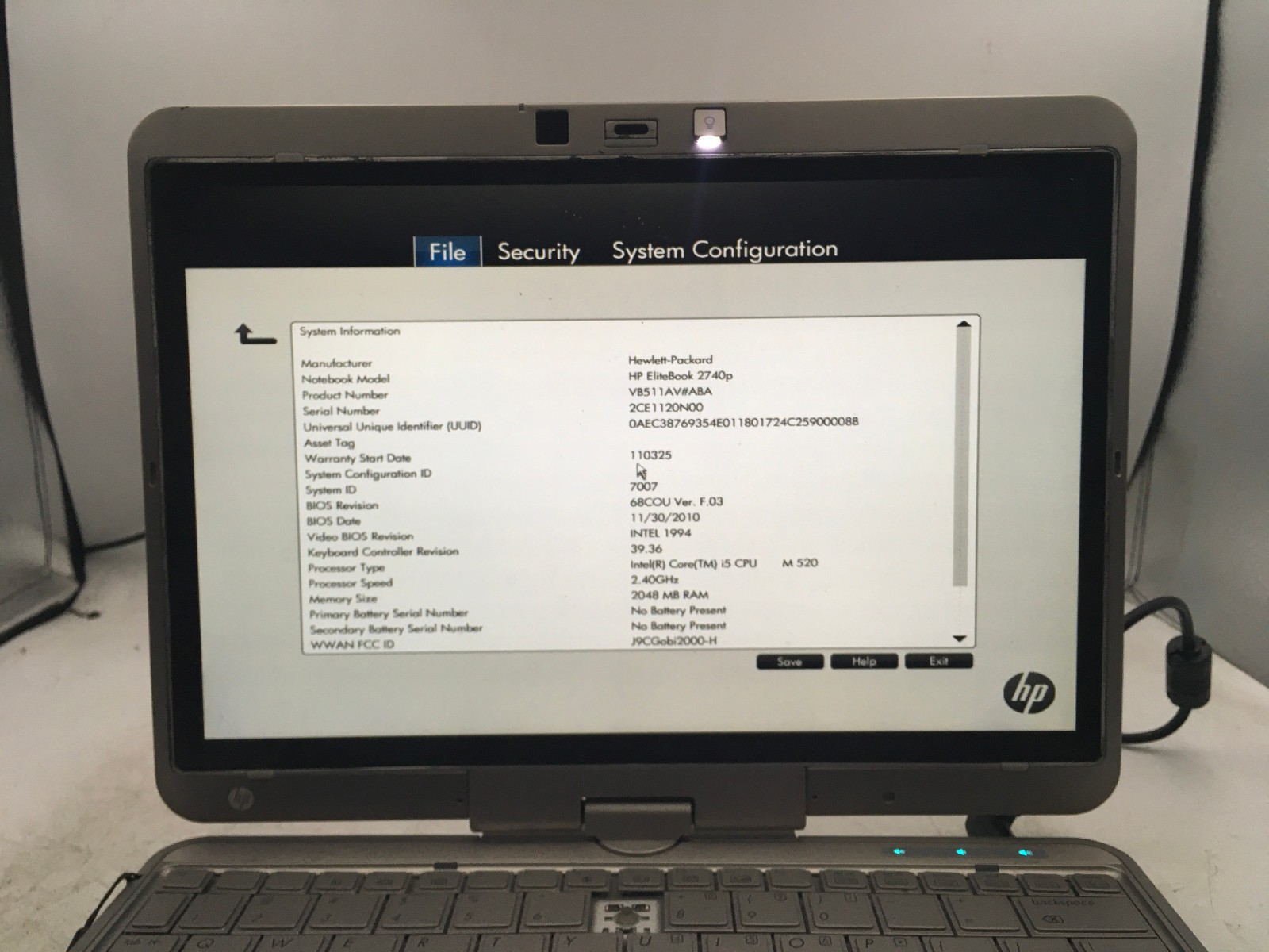 HP ELITEBOOK 2740P – BOOTS TO BIOS – INTEL I5 M520 – NO RAM – NO OS – READ – BB