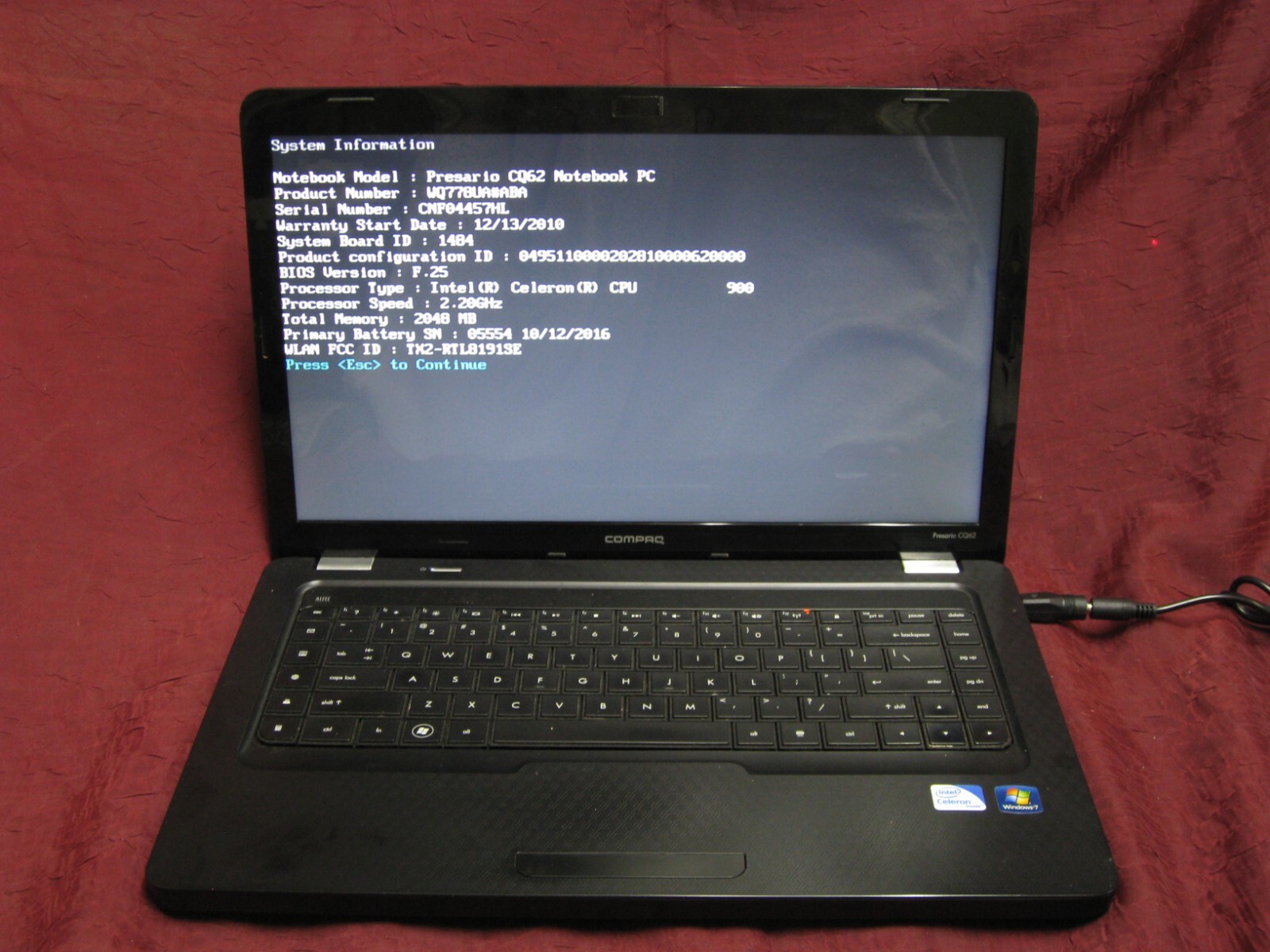 HP Compaq Presario CQ62 Laptop Celeron 900 @2.2GHz 2GB RAM – NO HD – NO OS