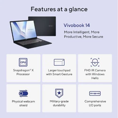 ASUS Vivobook 14 14.0″ WUXGA 3.00GHz Snapdragon X X1-26-100 16GB RAM 512GB W11H