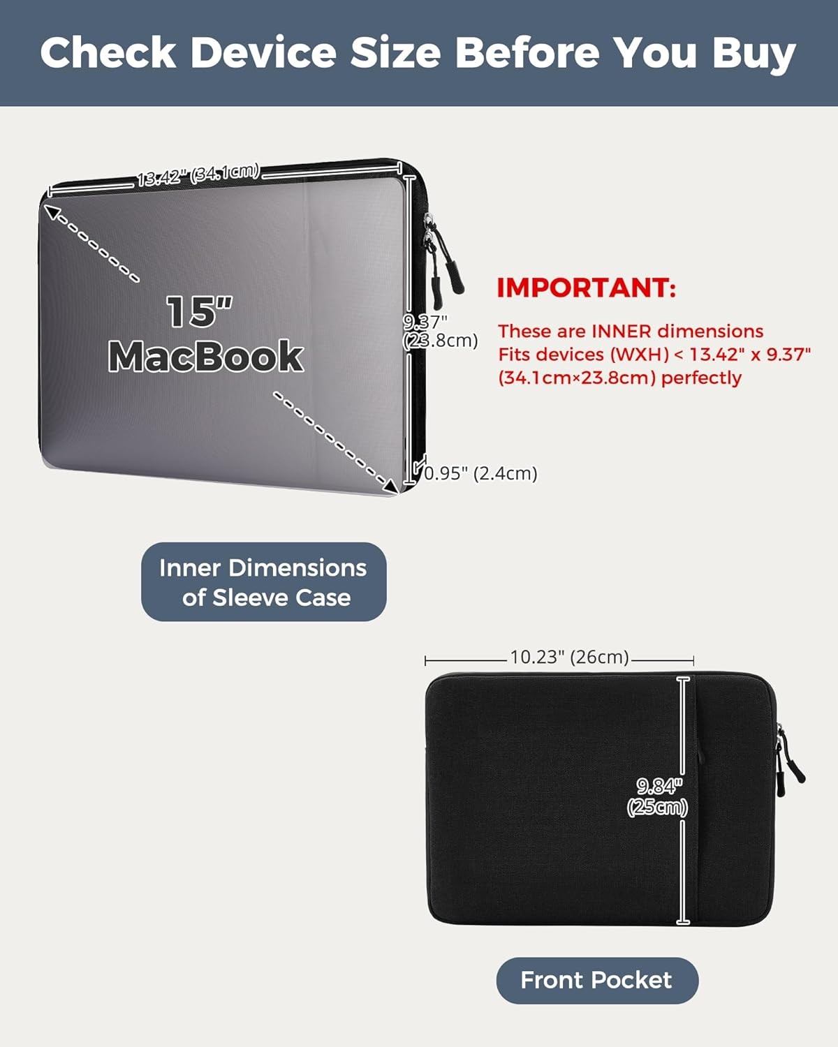 15″ Laptop Sleeve for MacBook Air/Pro, Fits HP Dell ASUS Lenovo Acer – Black