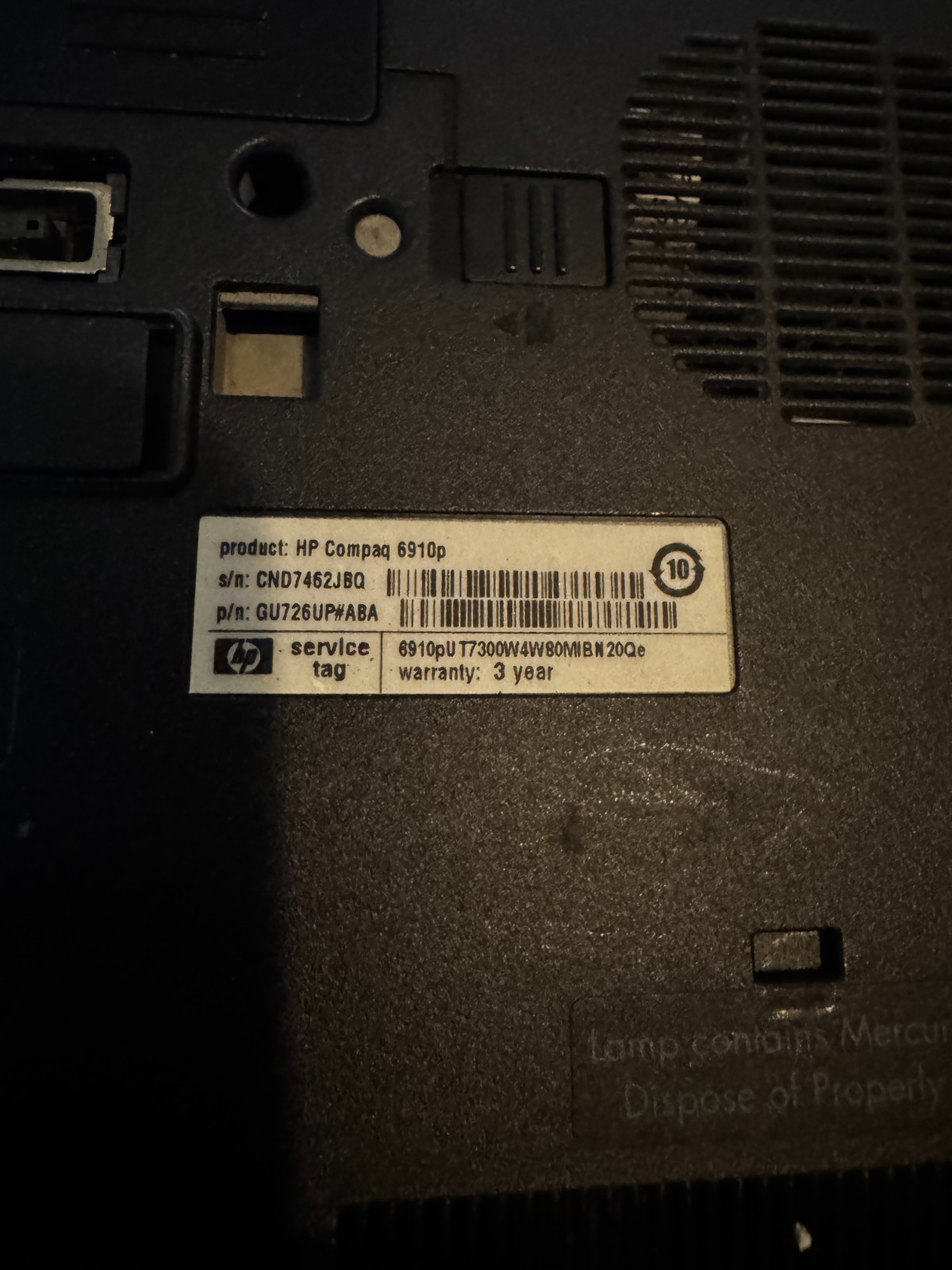 HP COMPAQ 6910P Intel Centrino Duo Laptop for Parts/Repair #5764