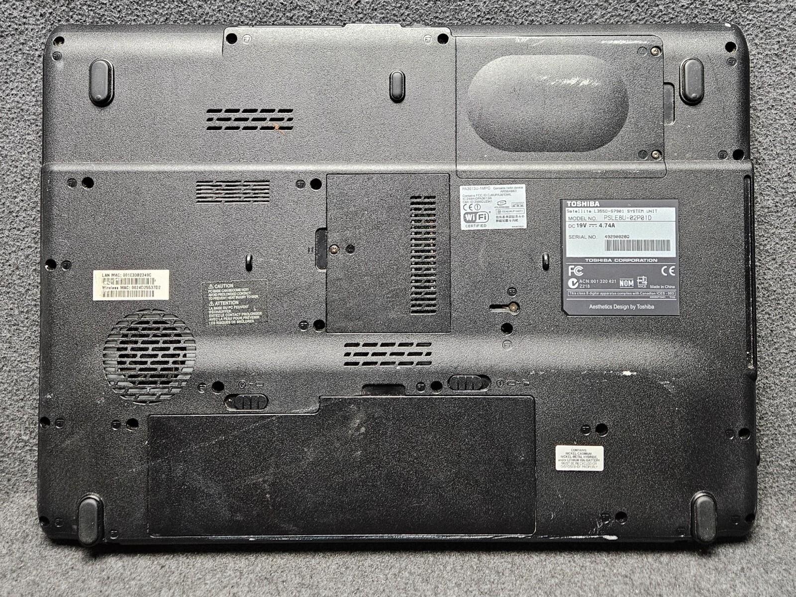 17.1” Toshiba Satellite L355D-S7901 Laptop w/ Power Supply – For Parts/Salvage