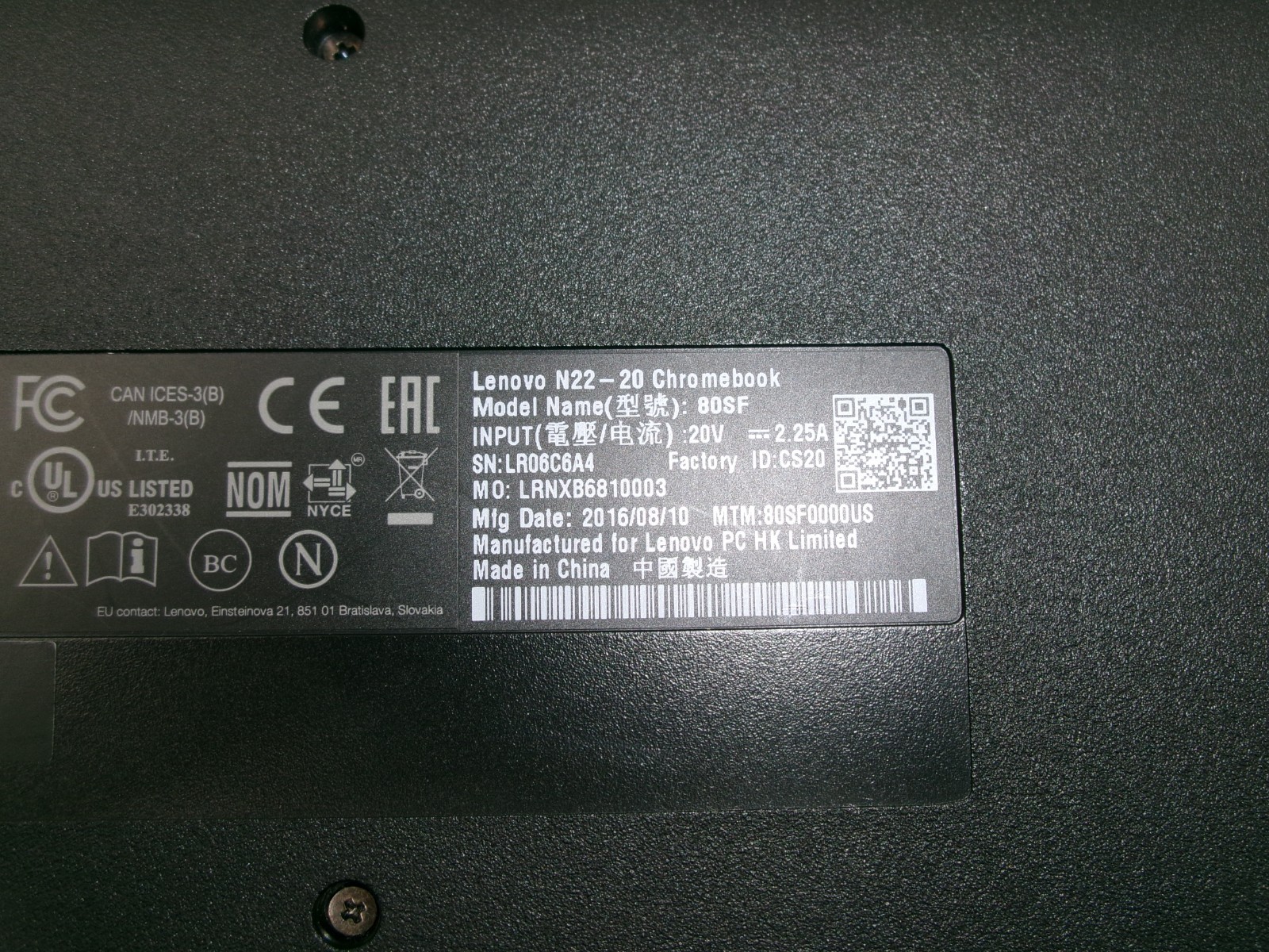 Lenovo N22 Chromebook 80SF Intel Celeron N3050 2GB 16GB eMMC Chrome OS