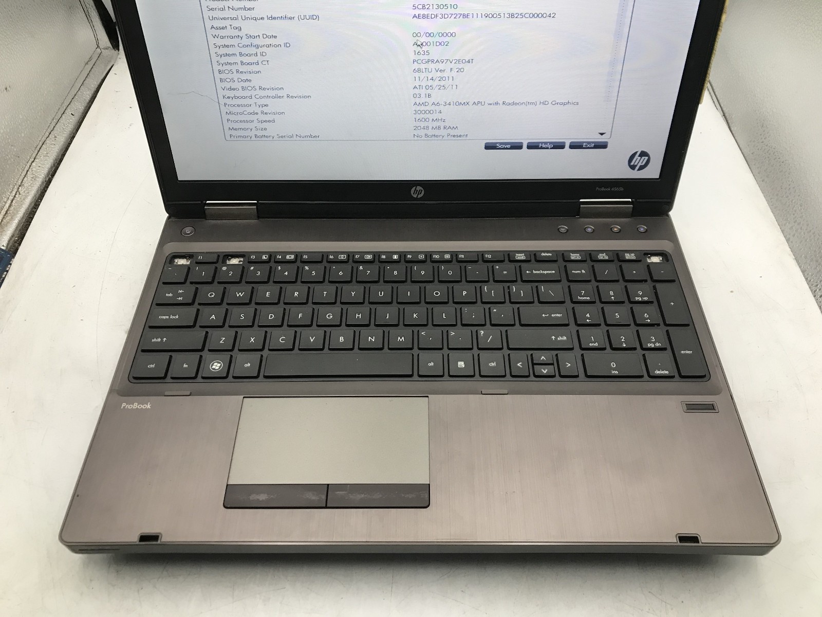 HP PROBOOK 6565B – BOOTS TO BIOS – AMD A6 3410MX – 2GB RAM – NO OS -READ DESC-BB