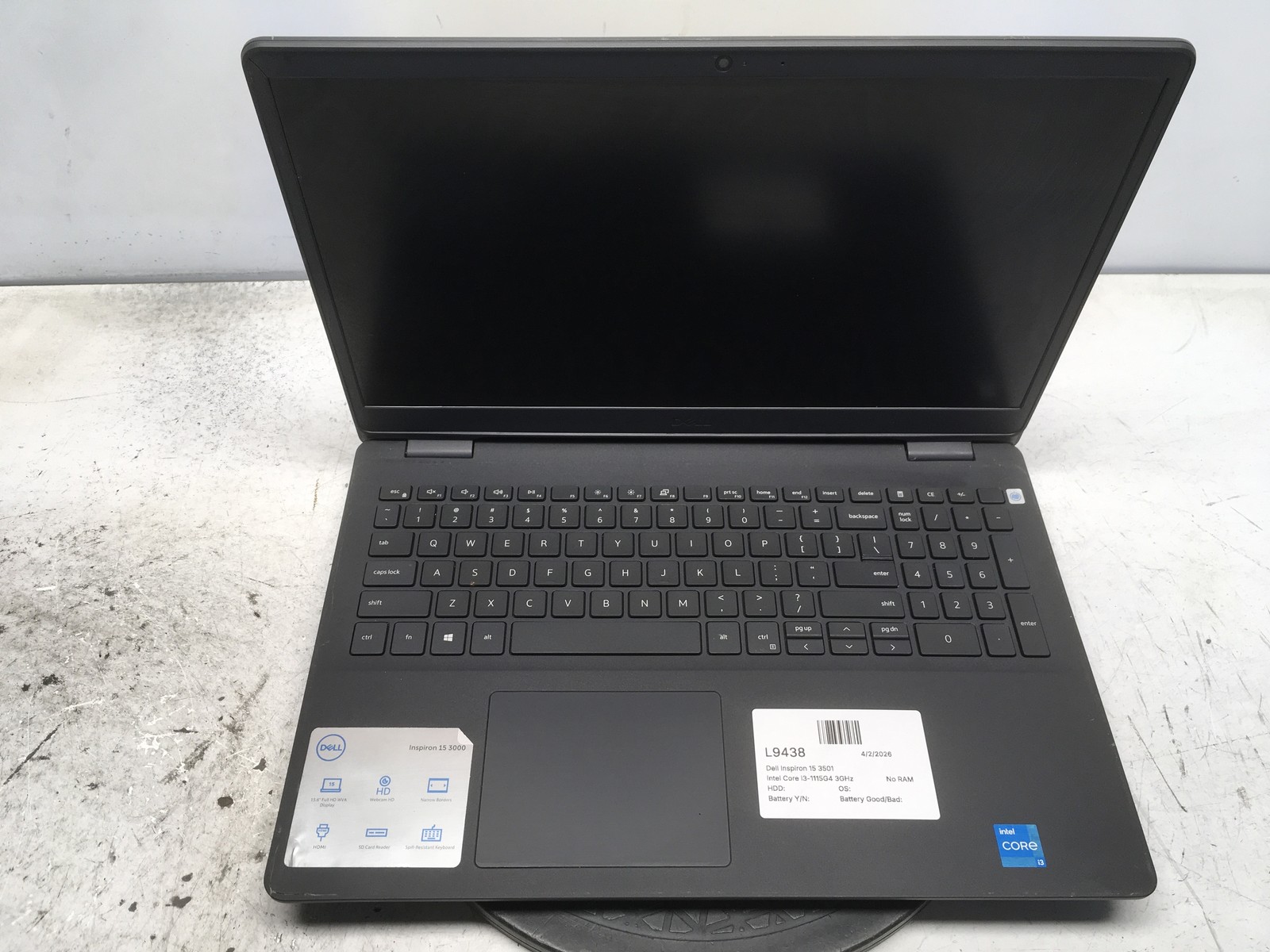 Dell Inspiron 15 3501 Intel Core i3-1115G4 3GHz No RAM NO HDD No Batt