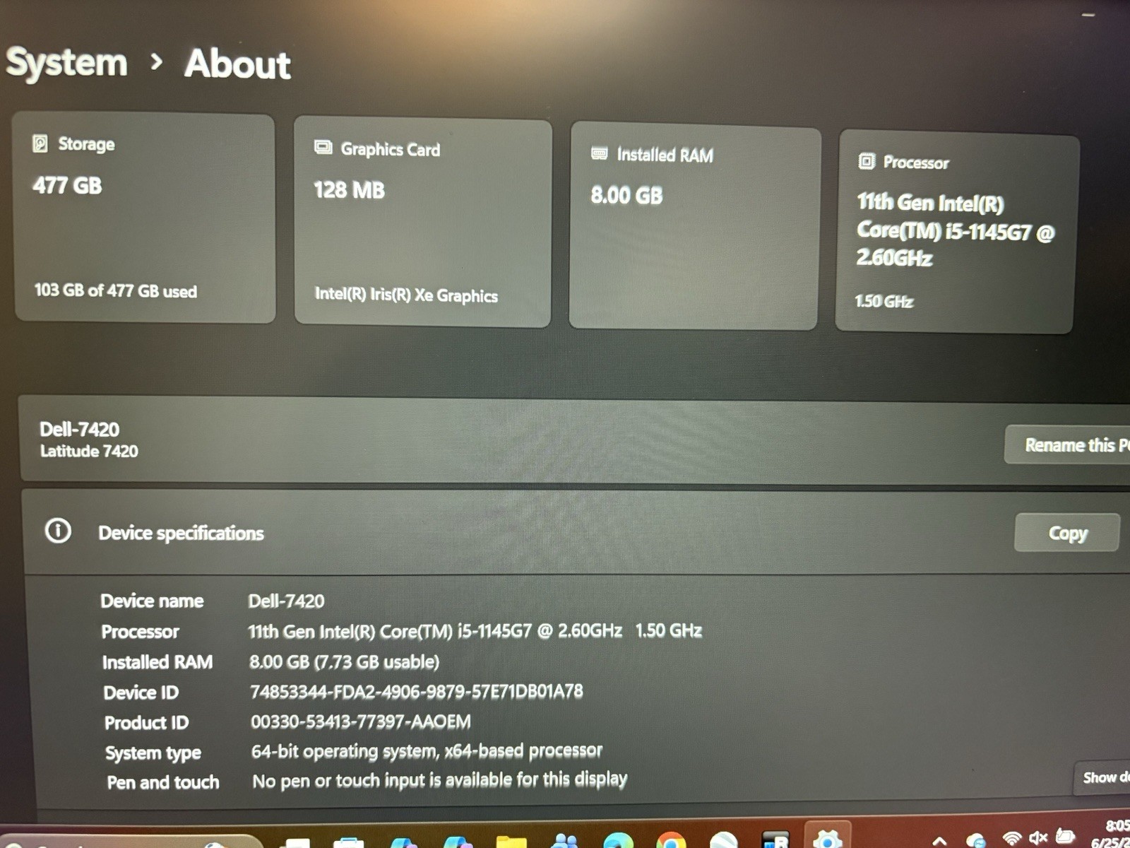 Dell Latitude 7420 14” Laptop I5-1145G7 8GB LDDR4 RAM 500GB SSD W/ Dell Charger