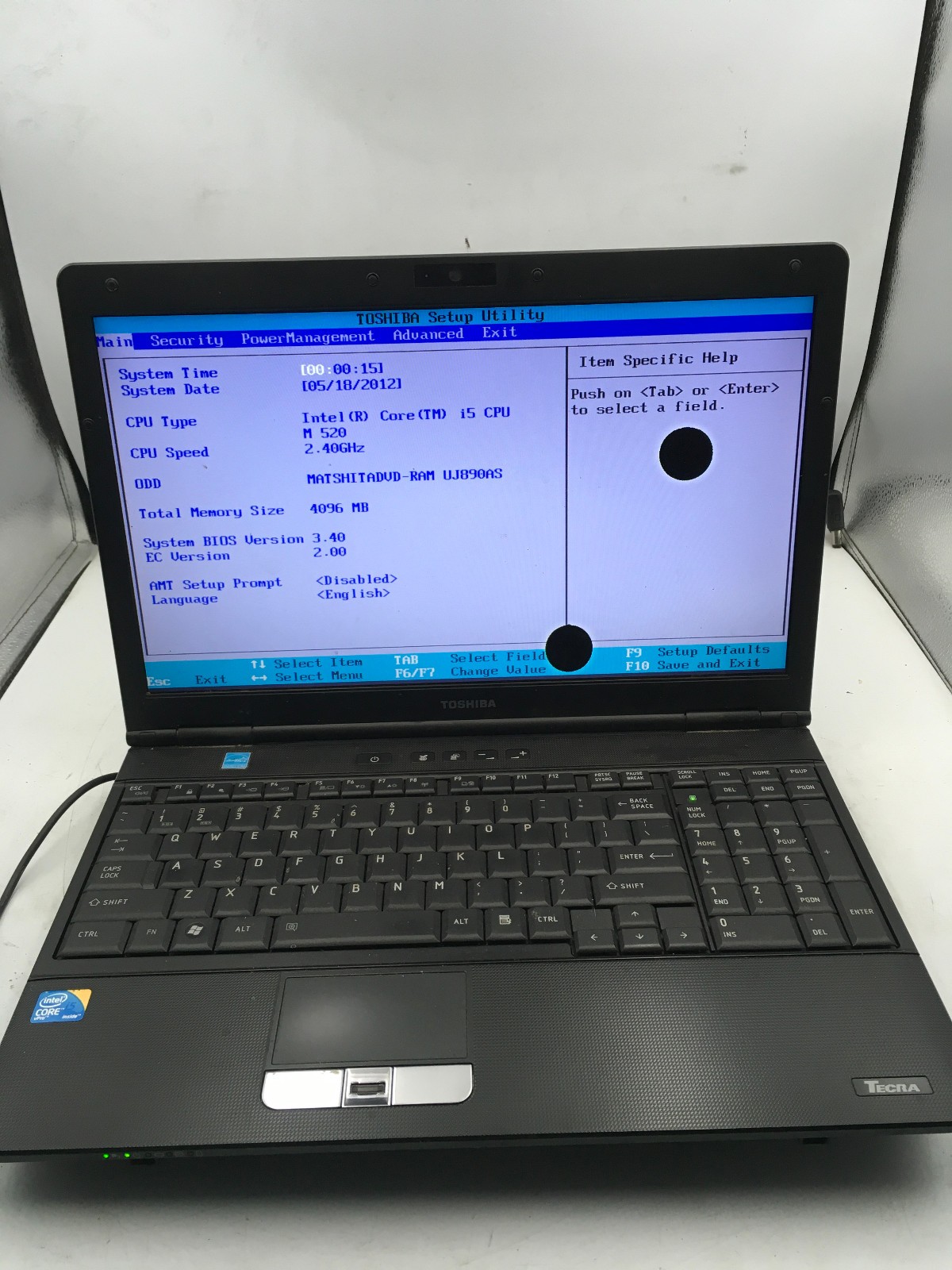 TOSHIBA TECRA A11 – BOOTS TO BIOS/BAD LCD – INTEL I5 M520 – 4GB RAM – READ – BB!