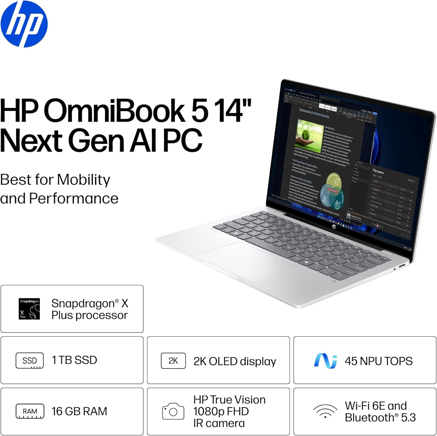 HP OmniBook 5 14″ Touch 2K OLED Snapdragon X Plus X1P-42-100 16GB 512GB SSD Silv