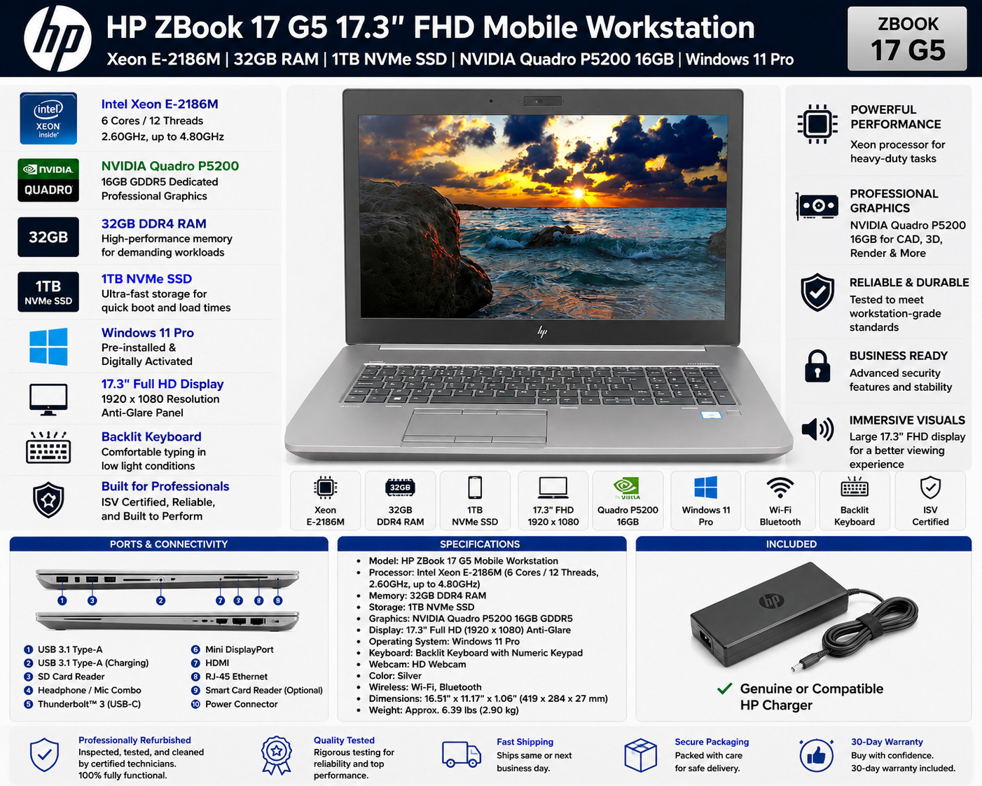 HP ZBook 17 G5 17.3″ FHD Xeon E-2186M 32GB RAM 1TB SSD Quadro P5200 16GB Win11 P