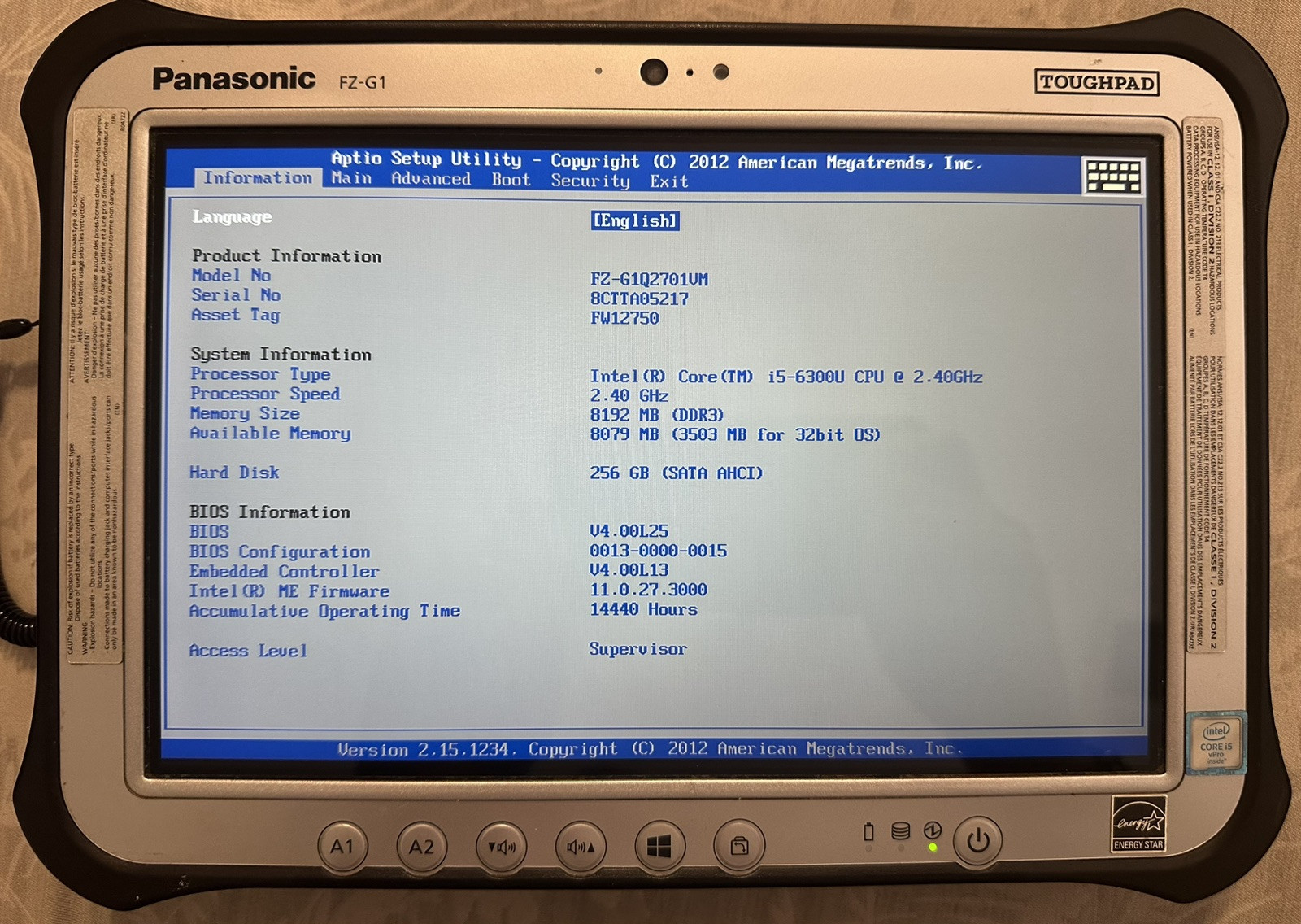 Panasonic Toughpad FZ-G1 i5-6300U 2.4GHz 8GB Barcode 256GB SSD 11 Pro LTE ANSI