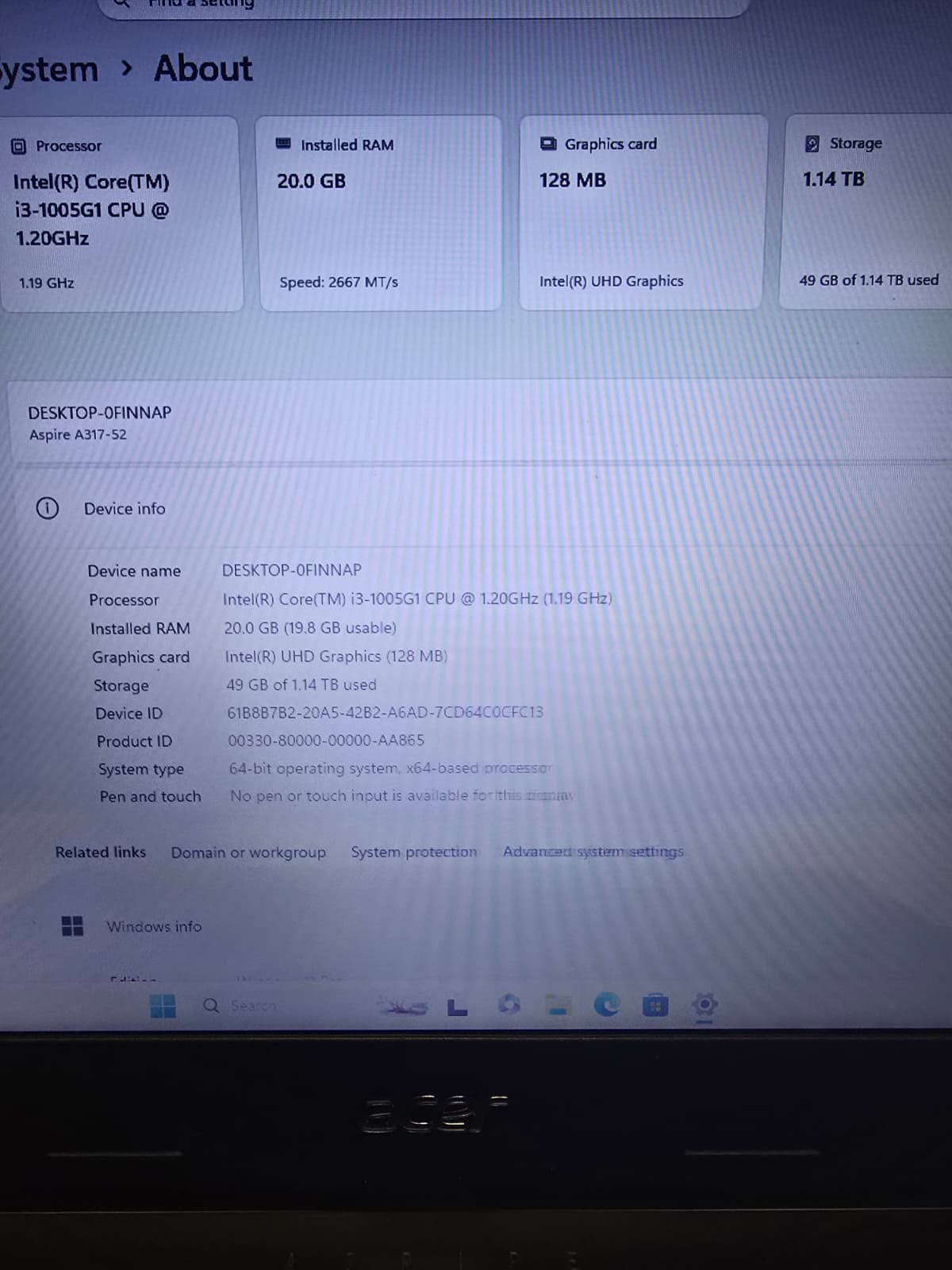 17″ Acer Aspire A317-52 | i3 10th Gen 20GB RAM 256GB SSD + 1TB HDD | HD+ Win 11