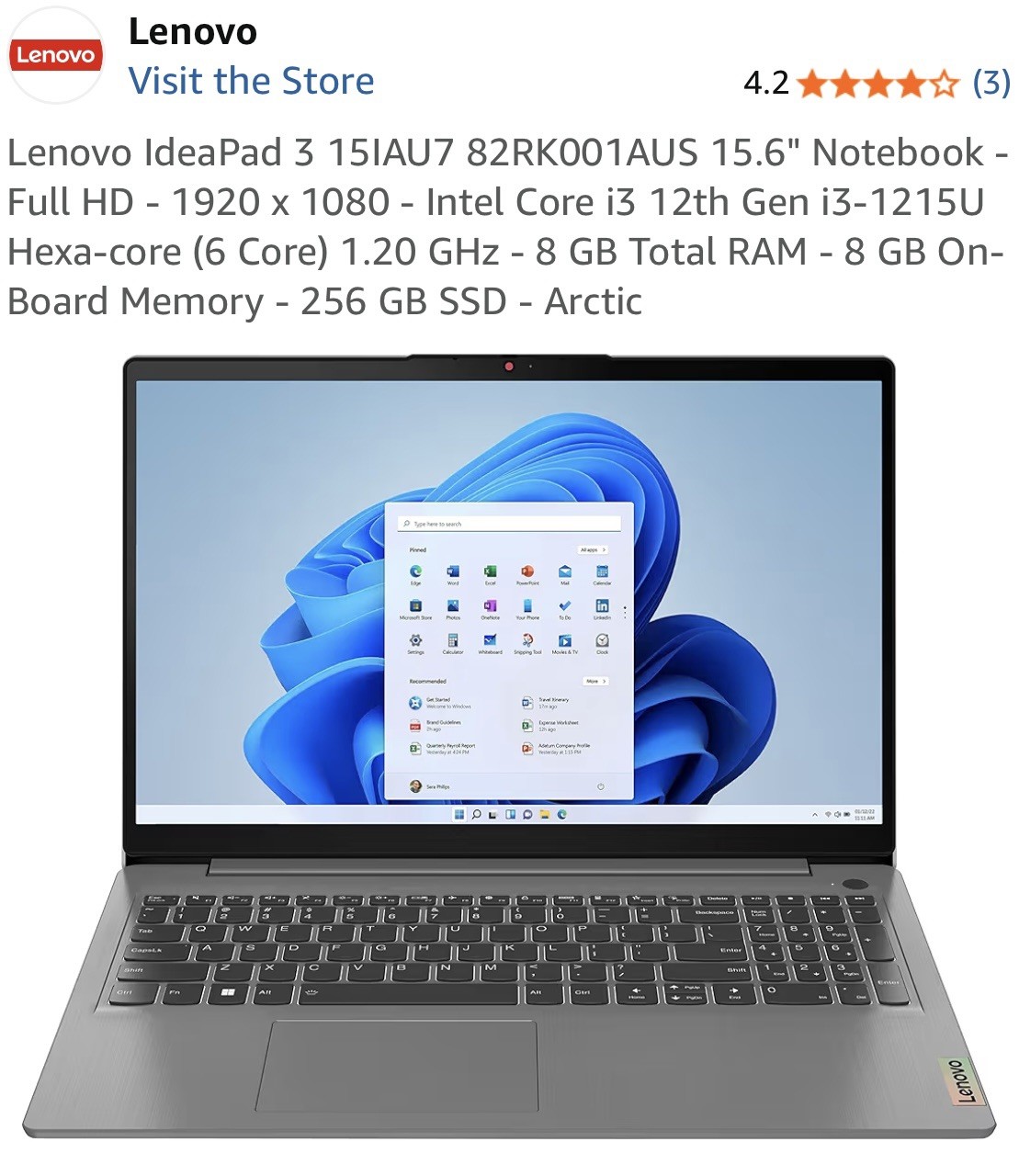 Lenovo IdeaPad 1 15IAU7 15.6″ i3-1215U 1.2GHz 8GB RAM 256GB SSD
