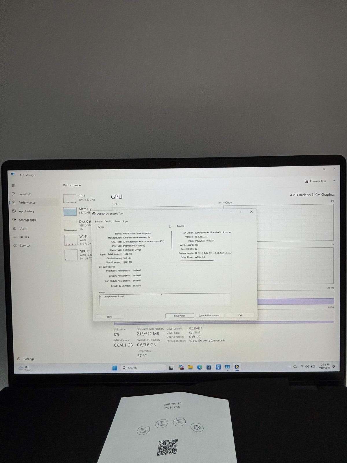 Dell Pro 16 PC16255 AMD Ryzen 5 220 8GB 256GB SSD Black Excellent Condition